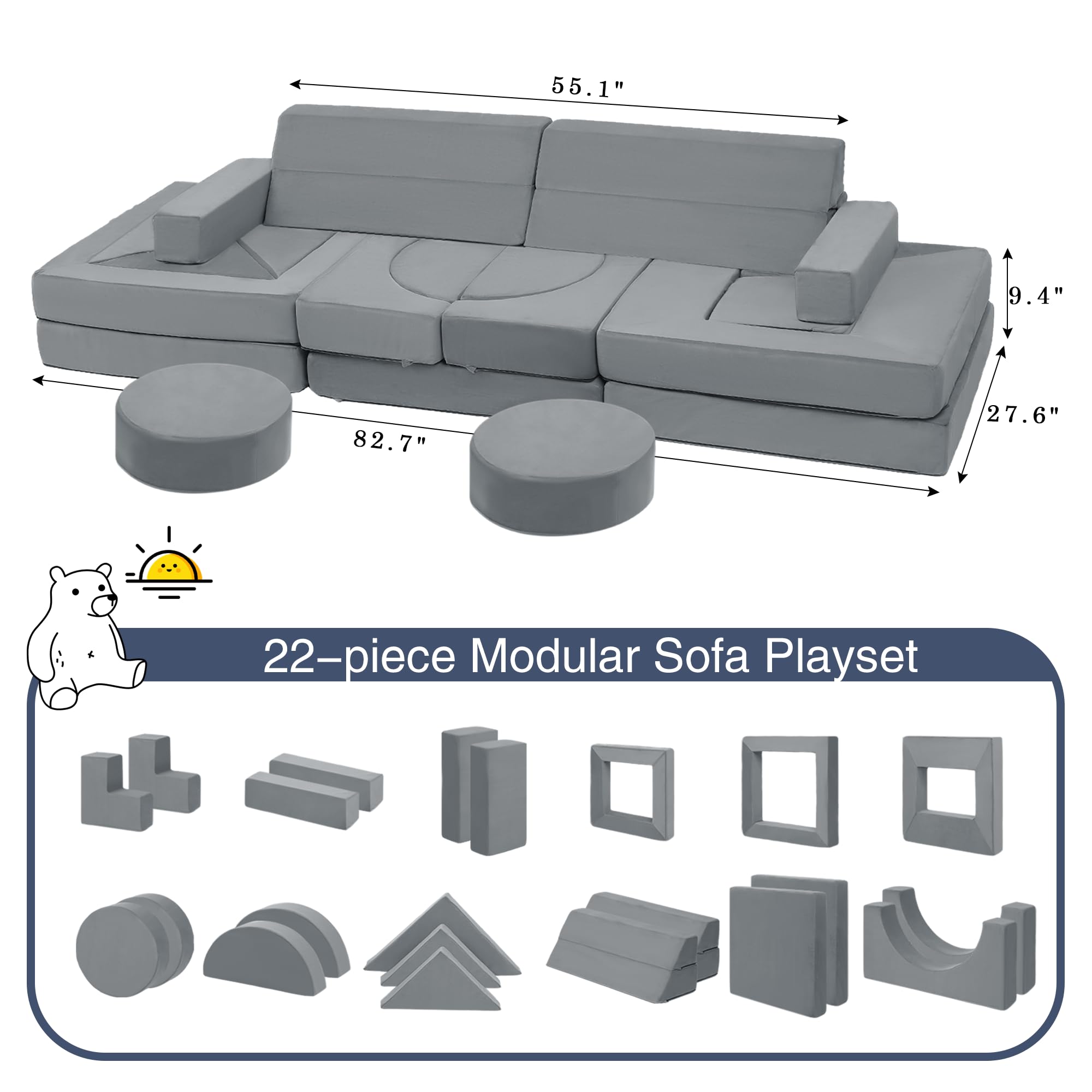 22Pcs Modular Kids Play Couch - Soft Convertible Foam Sofa for Toddlers & Children | Creative Playroom, Bedroom & Living Room Furniture | Encourages Imagination & Active Play | Perfect for Indoor Forts, Reading Nooks & Playtime Adventures