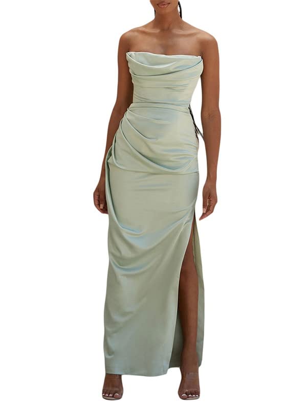 Elegant Satin Silk Maxi Dress for Women - Wedding Guest, Party, Evening Gown - Strapless Off Shoulder Bodycon Midi Dress - Perfect for Bridal Shower, Cocktail Party & Special Occasions