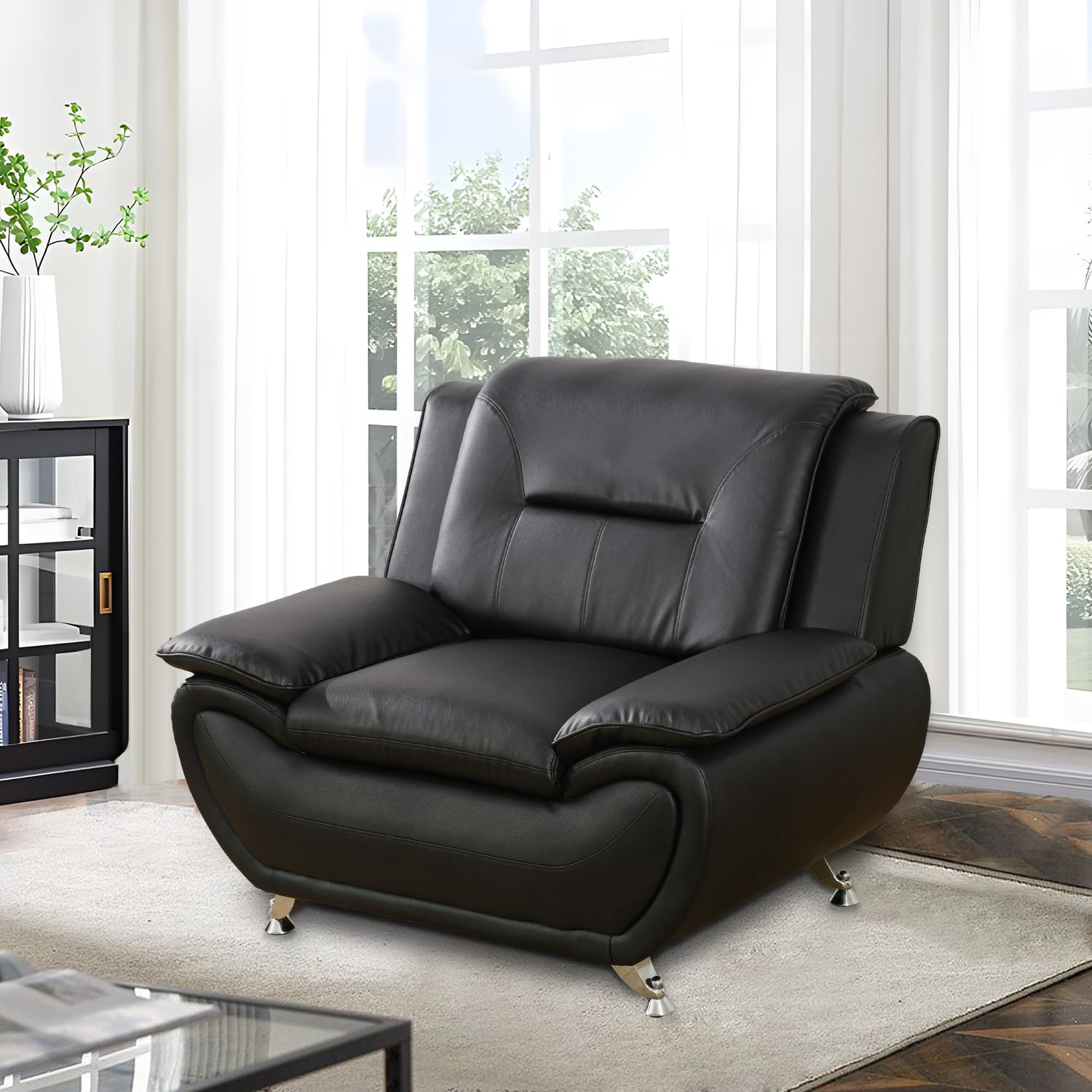 Modern 3-Piece Faux Leather Sofa Set - Black Living Room Furniture for Apartment, Office & Home | Comfortable Sectional Couch for Entertaining, Relaxing & Small Spaces