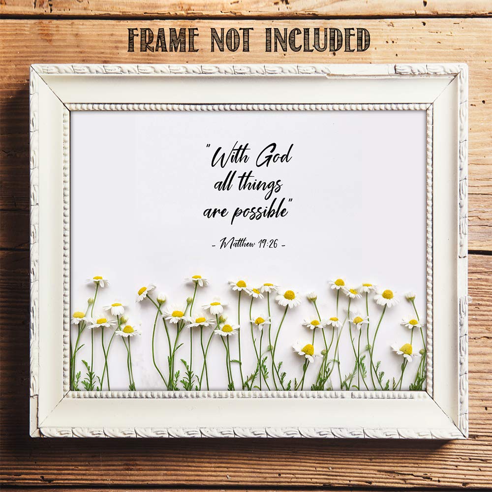 TJ Originals - Matthew 19:26 Bible Verse Wall Art - 'With God All Things Are Possible' Christian Scripture Print - 11x14 Inspirational Home Decor - Perfect Gift for Family, Friends & Women (White Daisies Design) - Ideal for Living Room, Bedroom, Office & Church Decorations
