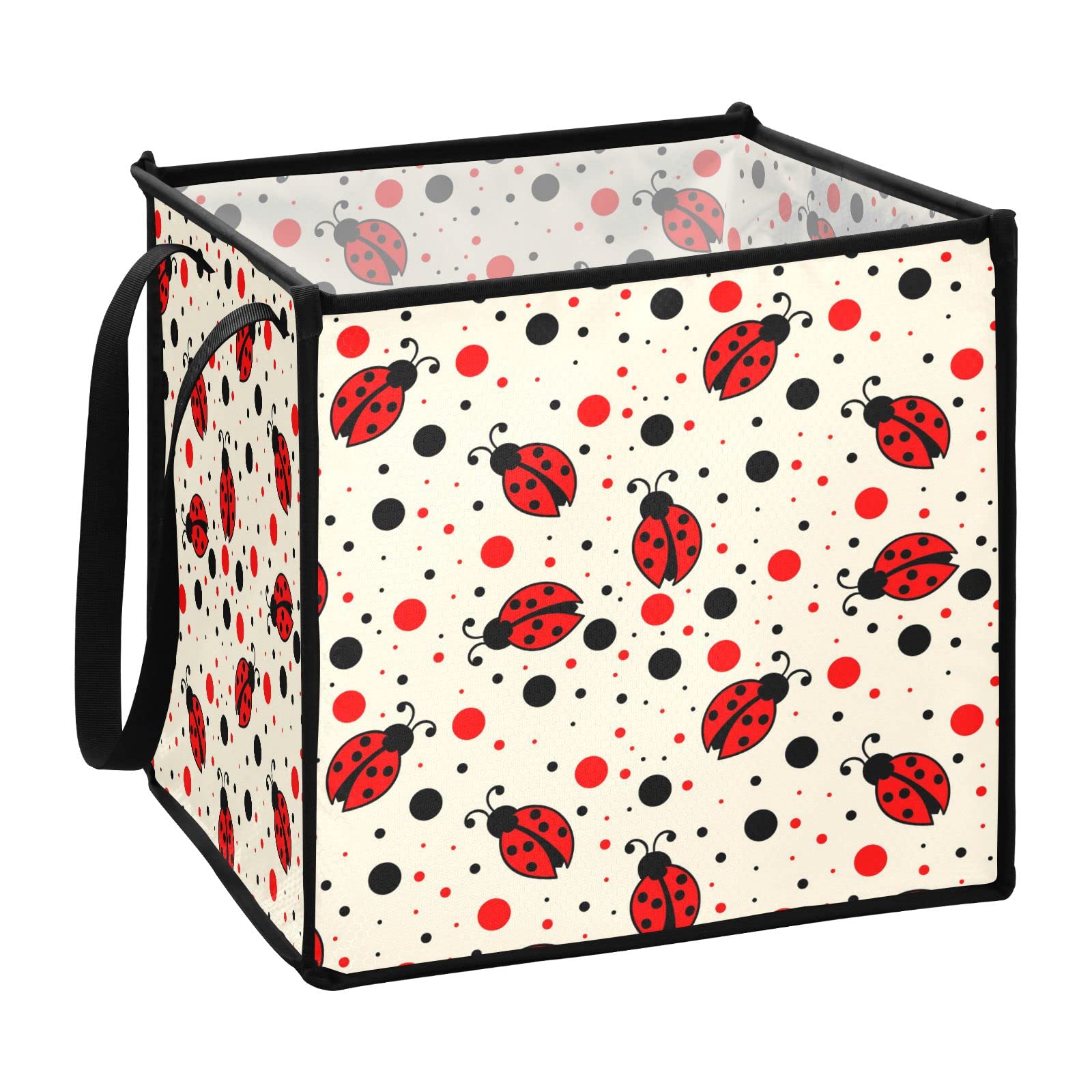 Red Ladybug Print Collapsible Fabric Storage Bins with Handles - 10.6x10.6x10.6 Inch Square Organizer for Toys, Nursery, Closet & Shelves | Cute Home Decor for Kids Room & Playroom Organization