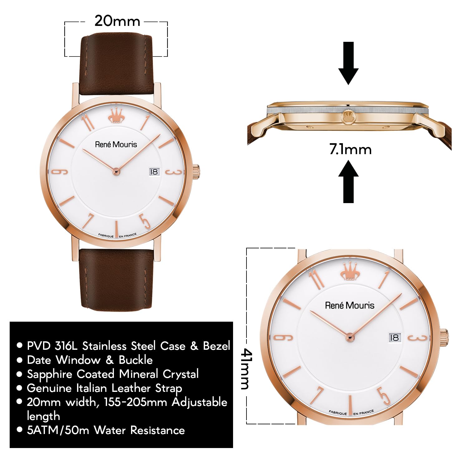 René Mouris Men's Classic Quartz Watch - 41MM 316L Stainless Steel Case, Sapphire Coated Crystal, 50M Water Resistance with Italian Leather Strap - Elegant Dress Watch for Business, Formal Occasions & Everyday Wear