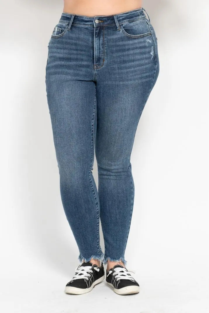 Judy Blue Plus Size High Waist Skinny Jeans with Distressed & Shark Bite Hem - Trendy Women's Denim Pants for Casual Wear & Night Out
