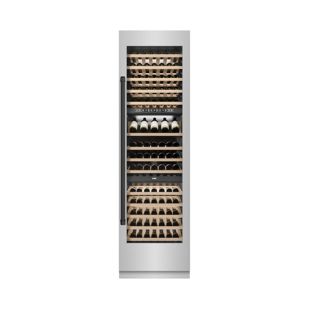 ZLINE Autograph Edition 24-Inch 12.4 Cu Ft Triple Zone 100 Bottle Stainless Steel Wine Cooler with Matte Black Accents - Perfect for Home Bars, Wine Cellars & Entertaining (RCWVZ 304 24 MB)