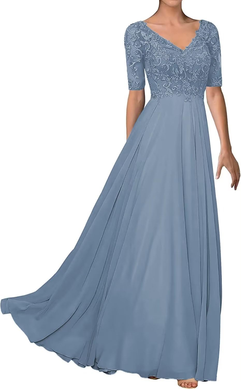 Elegant V-Neck Mother of the Bride Dress - Lace & Chiffon Formal Gown with Short Sleeves for Weddings, Evening Parties & Special Occasions