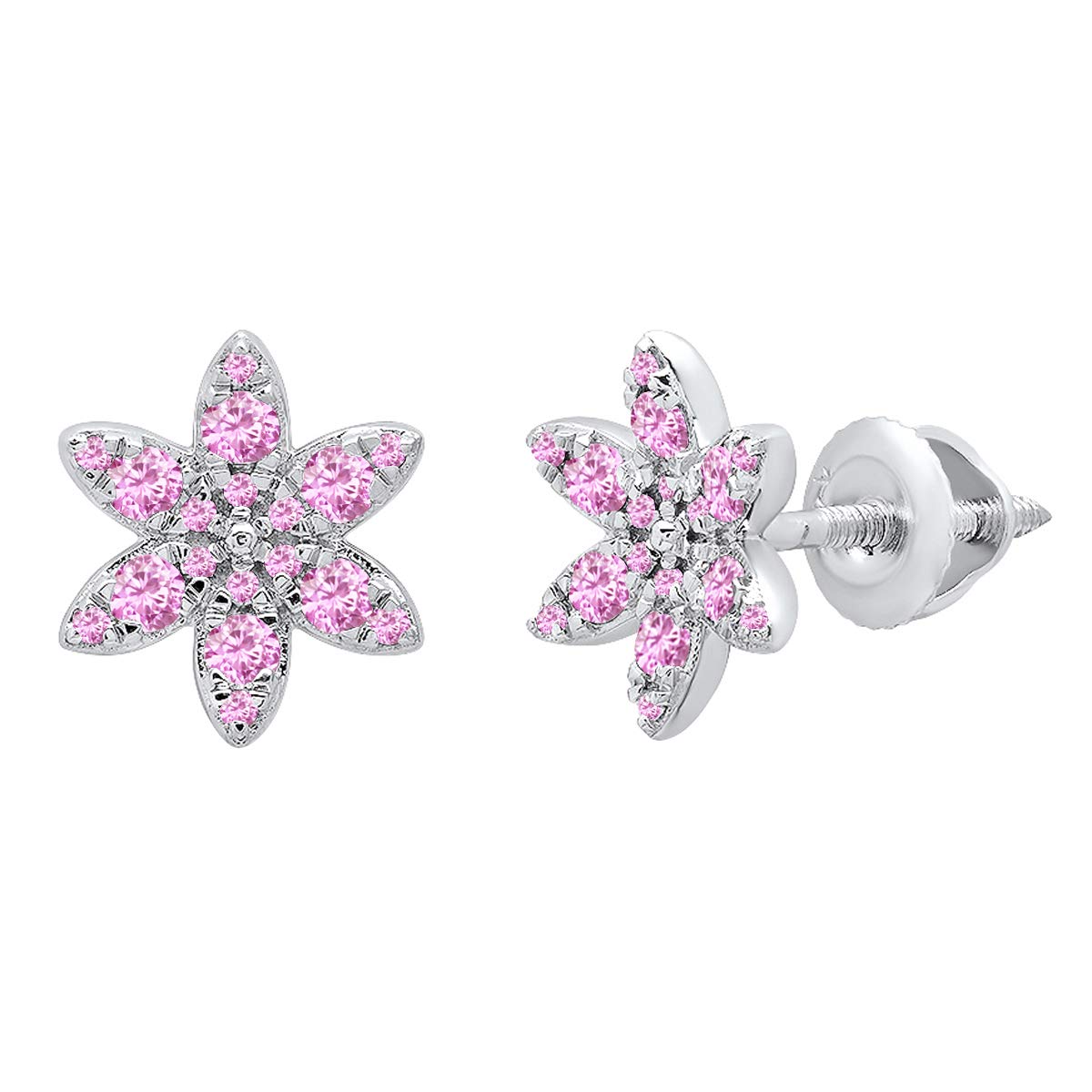 18K Solid White Gold Pink Sapphire Flower Stud Earrings for Women - Elegant Jewelry Gift for Valentine's Day, Anniversary & Special Occasions