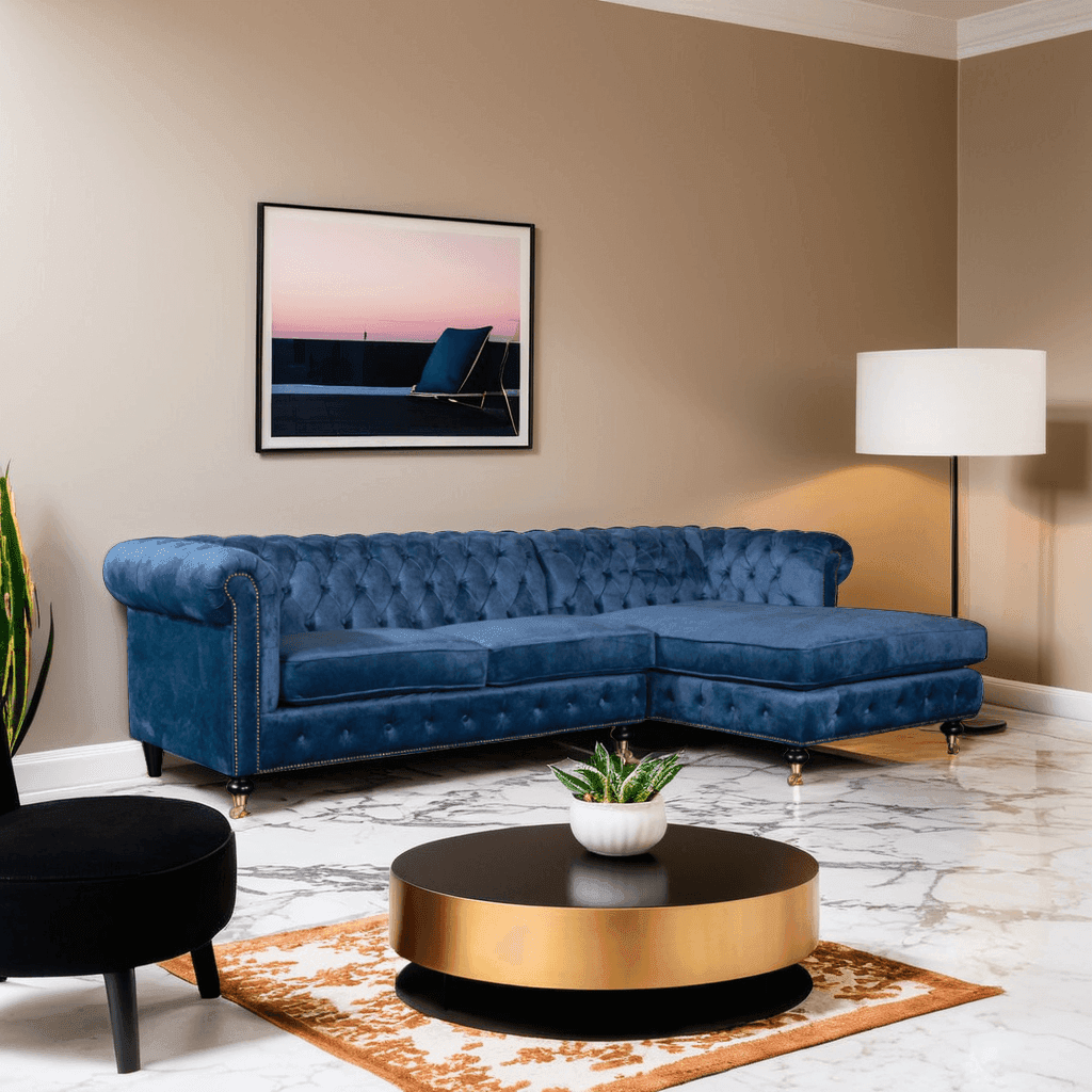 Gimorie Chesterfield Velvet Fabric L-Shaped Sofa - Luxurious Velvet Sectional Couch for Living Room, Lounge & Home Theater | Modern L-Shape Sofa with Tufted Back & Rolled Arms