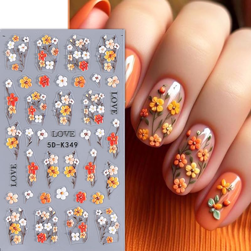 5D Floral Nail Stickers for Women - Spring Flower Nail Art Decals with Embossed Design | Self-Adhesive White, Orange, Red & Blue DIY Nail Charms | Perfect for Nail Salon, Home Manicure, Party & Wedding Nail Art Accessories
