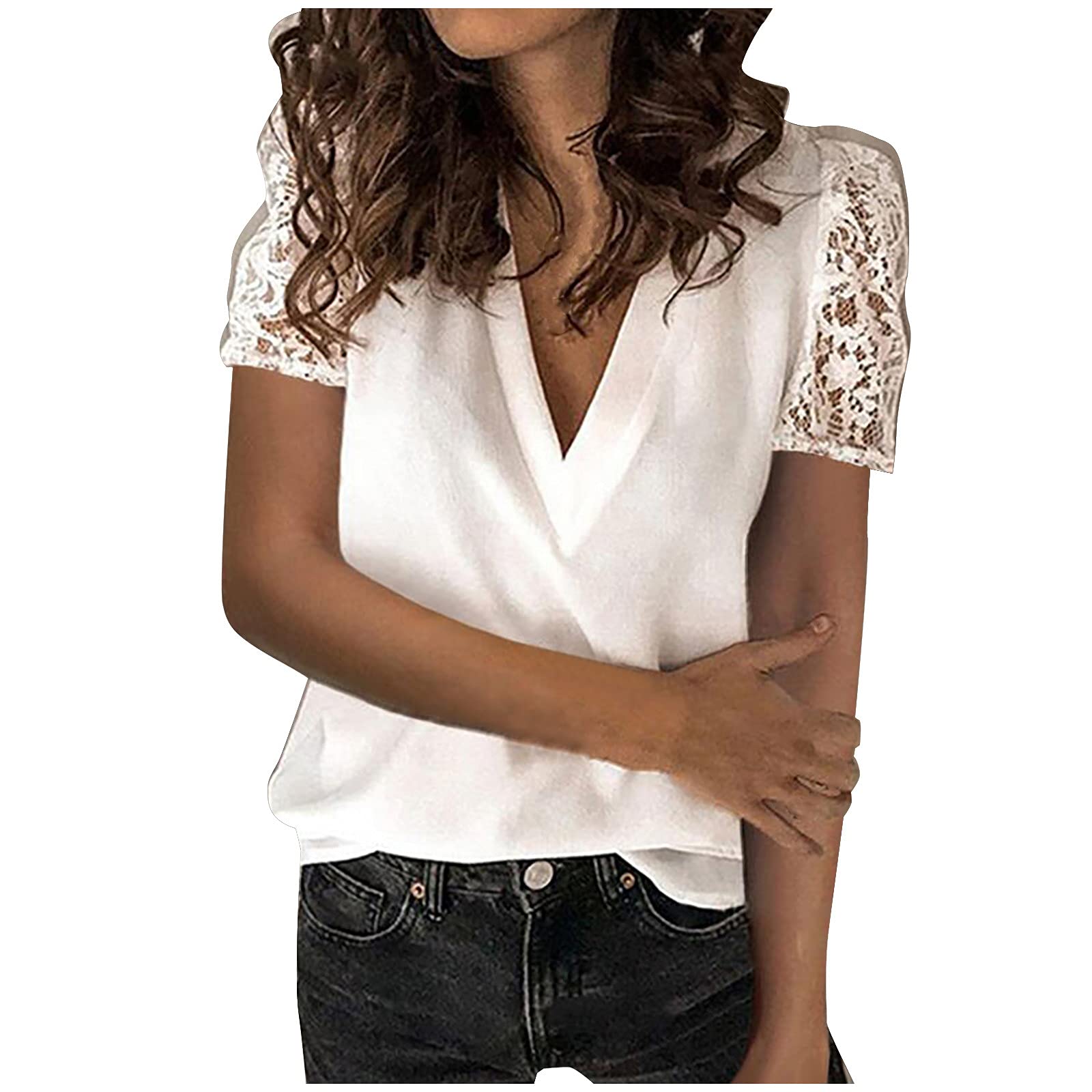 Women's V Neck Lace Casual Loose Blouse - Short Sleeve Solid Trendy T-Shirt for Summer | Perfect for Office, Dating & Weekend Outfits