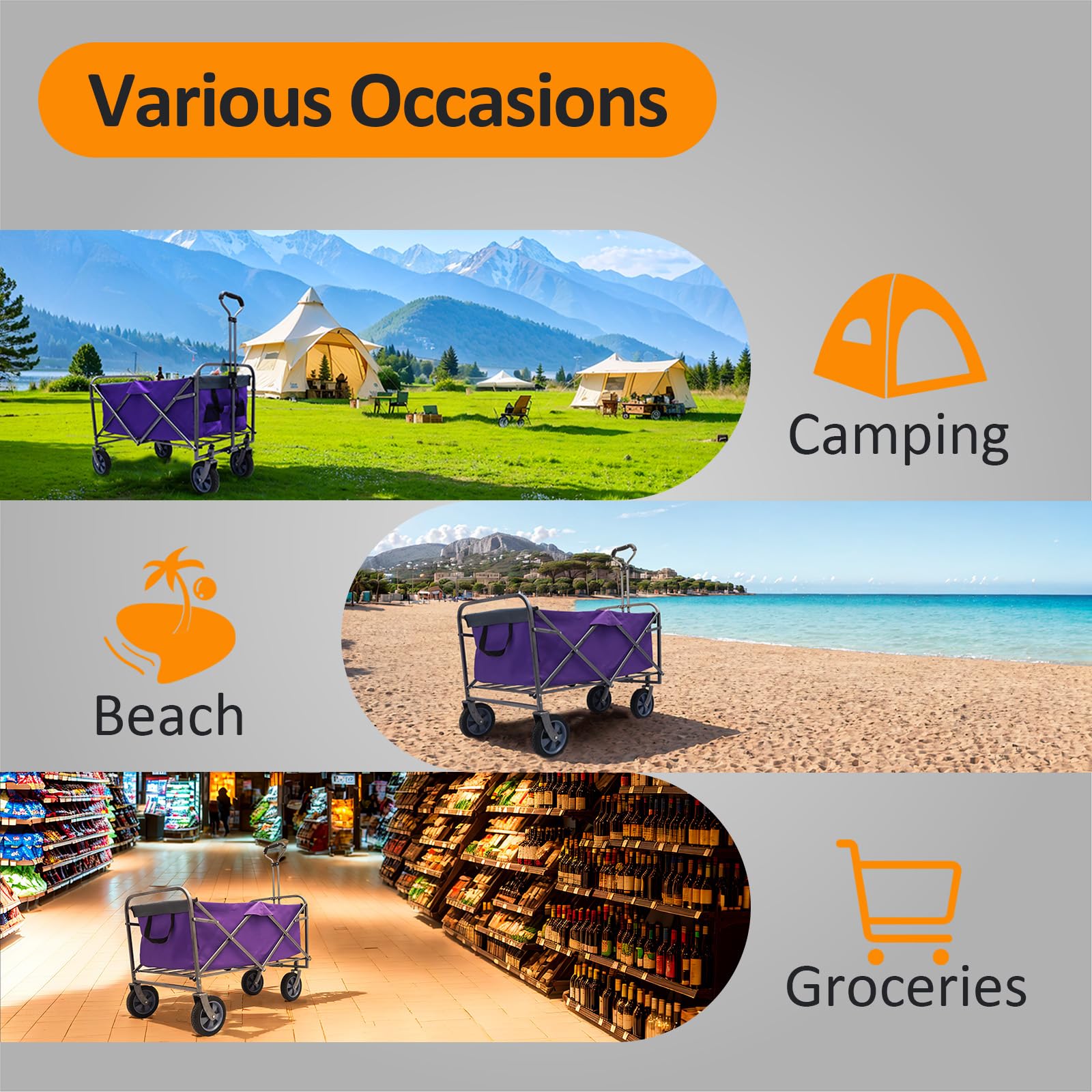 **150 LBS Heavy Duty Collapsible Garden Wagon Cart - Purple Utility Cart with Steel Frame, Adjustable Handle & All-Terrain Wheels - Perfect for Gardening, Camping, Beach Trips, Shopping & Outdoor Adventures**