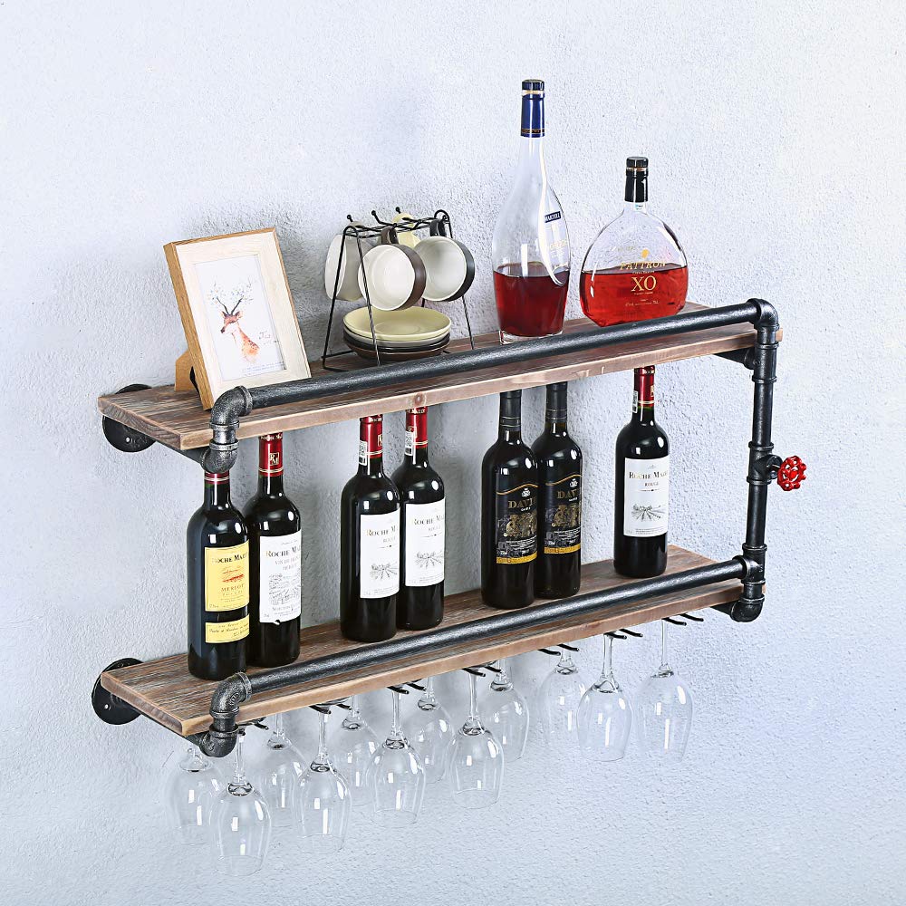 Rustic Industrial Pipe Wine Glass Rack - Wall Mounted 2-Tier Shelf with 7 Stem Holder (36 Inch) - Perfect for Kitchen, Bar, Dining Room & Wine Cellar Organization