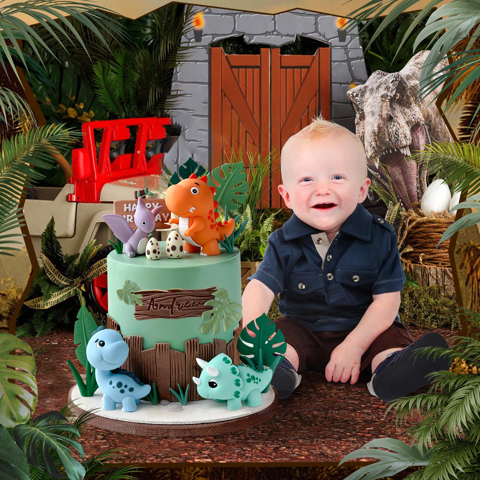 17PCS Dinosaur Cake Topper Set - Dinosaur Eggs, Leaves & Grass Decorations with Happy Birthday Sign - Safari Animal Theme Party Supplies for Birthday Cakes, Cupcakes & Desserts - Perfect for Kids Birthday Parties, Baby Showers & Jurassic Themed Events