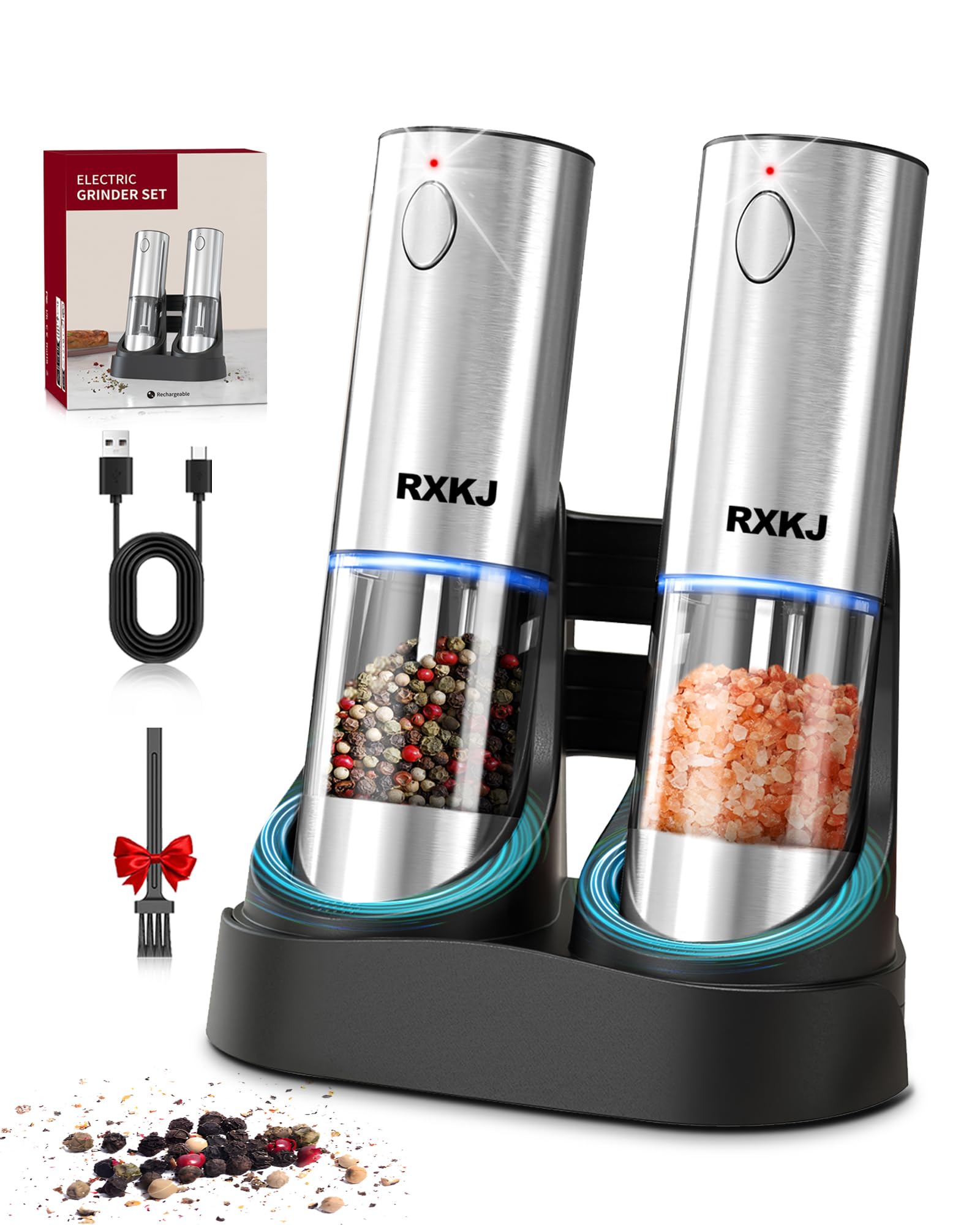 Premium Electric Salt and Pepper Grinder Set - Rechargeable Stainless Steel Automatic Spice Mill with LED Light & Adjustable Coarseness - Perfect for Home Kitchen, Dining Table, and Gourmet Cooking Gifts