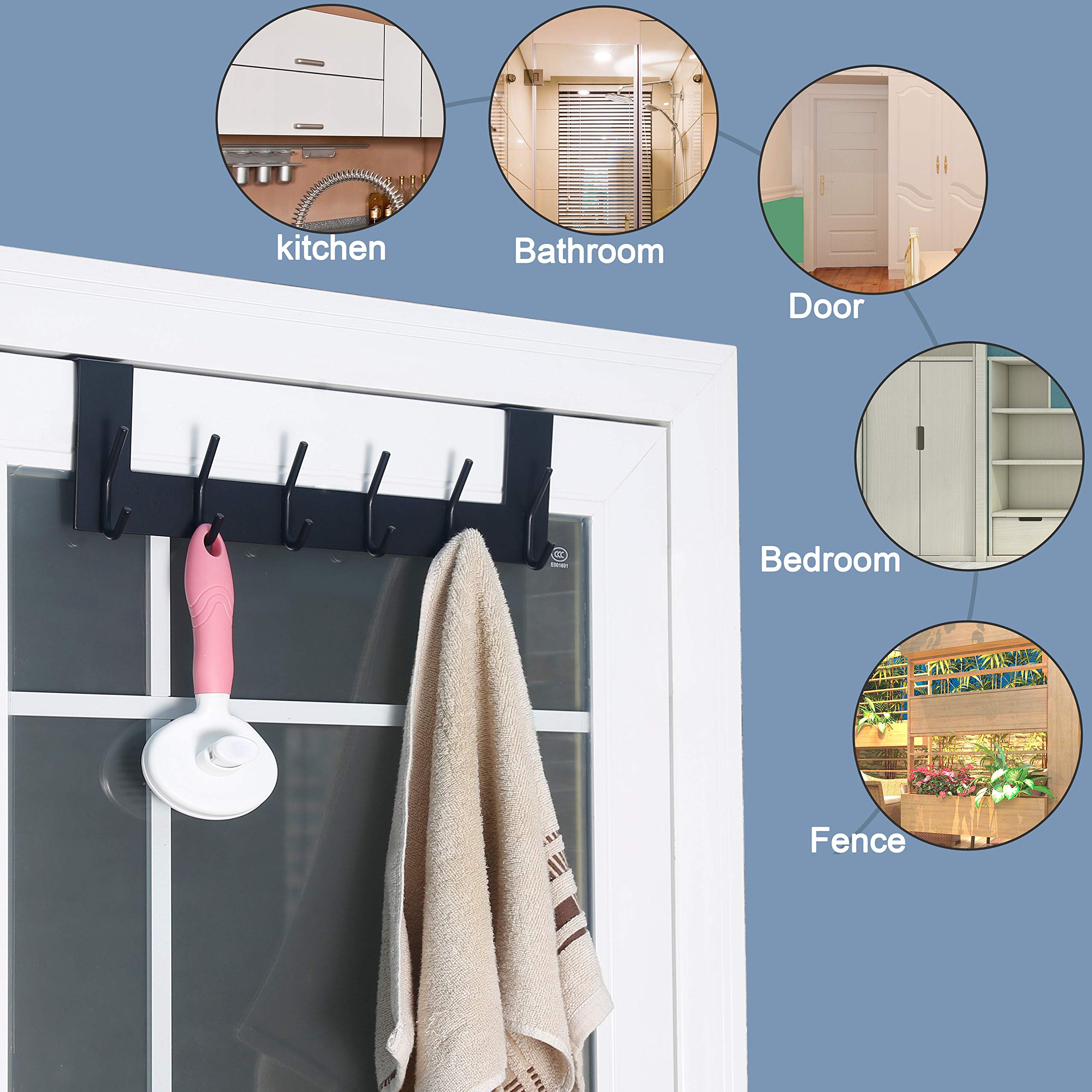 Stainless Steel Over Door Hook Hanger - 6 Hooks for Coats, Hats & Robes - Space Saving Storage