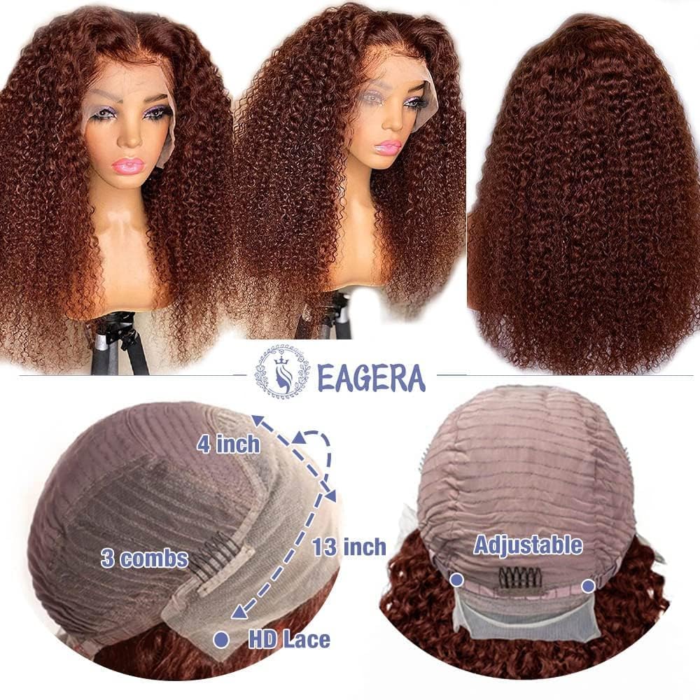 13x4 Reddish Brown Lace Front Human Hair Wig - Auburn Deep Wave Curly Wig for Women with Baby Hair | 180% Density 22 Inch Copper Red Colored Human Hair | Perfect for Daily Wear, Cosplay, and Special Occasions