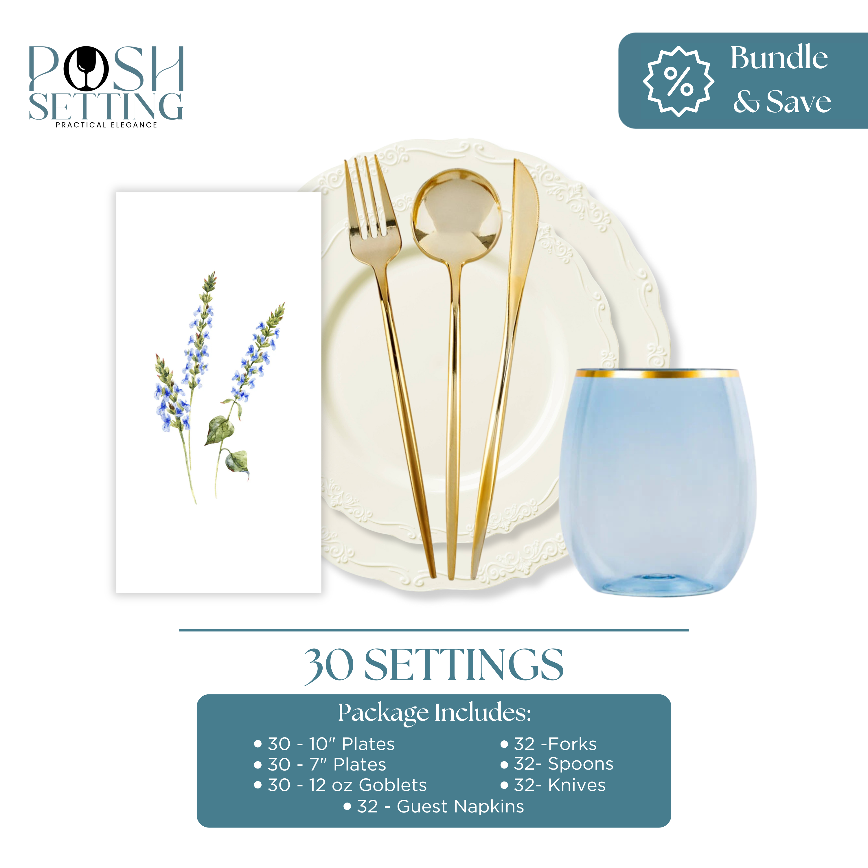 Elegant Cream and Blue Disposable Plastic Party Bundle - Vintage Theme - Perfect for Weddings, Baby Showers & Birthday Celebrations