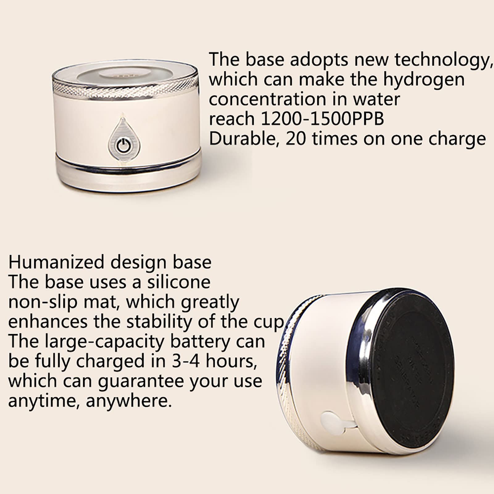 Portable Hydrogen Water Bottle - Alkaline Water Generator & Ionizer with 1200-1500PPB Hydrogen, USB Rechargeable, 380ML (Beige) | Perfect for Travel, Gym & Daily Hydration