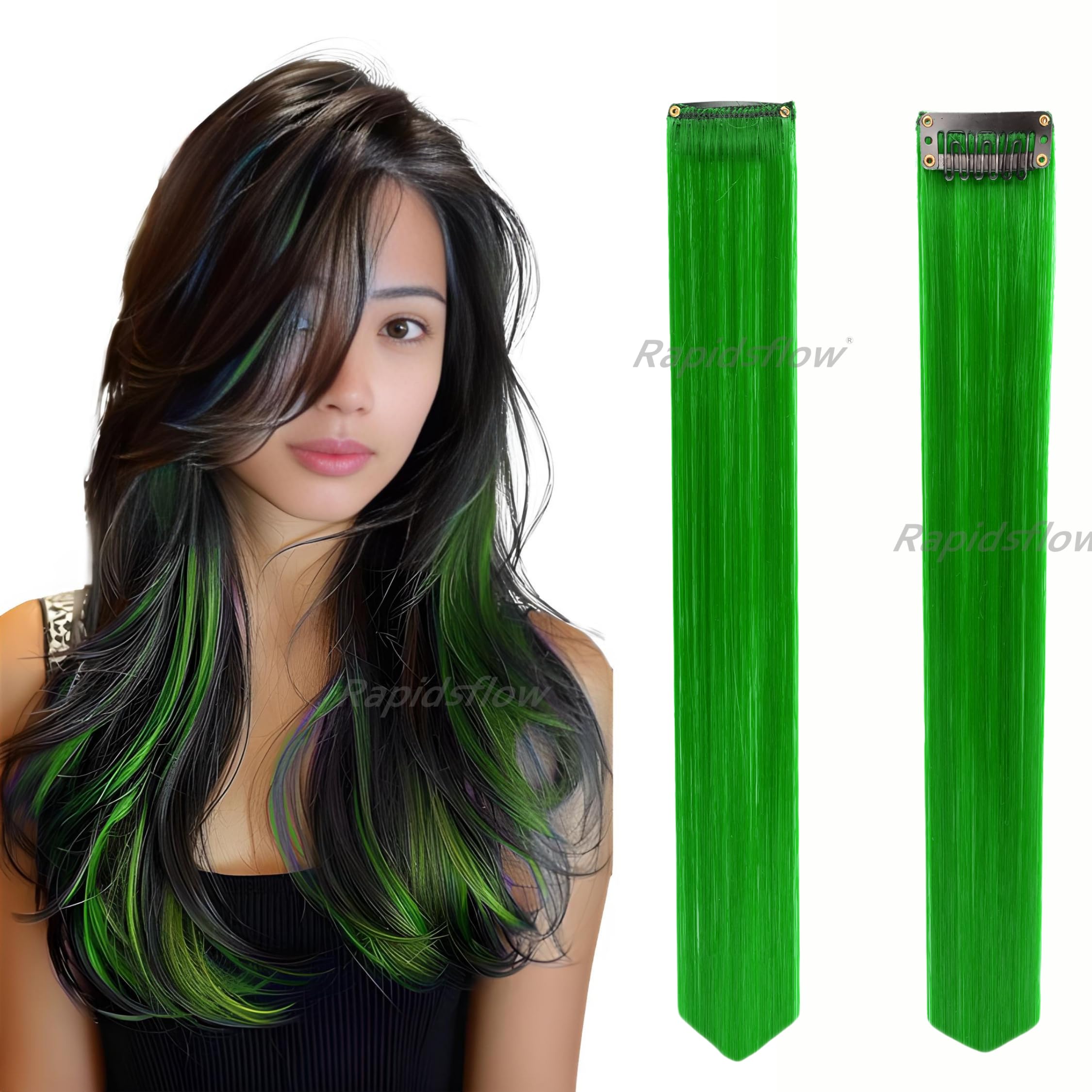 Rapidsflow® Straight Colored Hair Streak Extensions for Women & Girls - 4pc Set of Real Human Hair Highlights in Green - Perfect for Parties, Cosplay & Fashion Styling