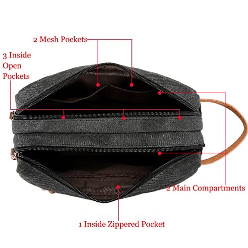 Premium Men's Travel Toiletry Bag - Waterproof Canvas Leather Cosmetic Organizer with Double Compartments for Shaving & Makeup | Ideal for Business Trips, Gym & Vacation (Black)