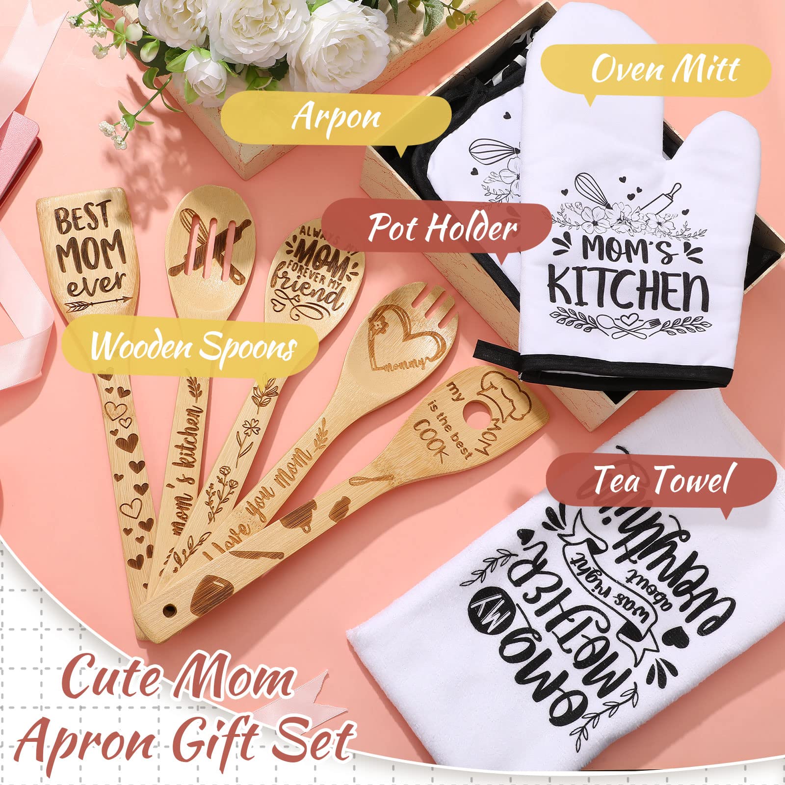 Vicenpal 10-Piece Mom Gift Set - Cotton Apron, Tea Towel, Bamboo Kitchen Utensils, Pot Holders & Oven Mitt - Perfect for Birthday, Christmas & Mother's Day - Ideal for Cooking, Baking & Home Decor