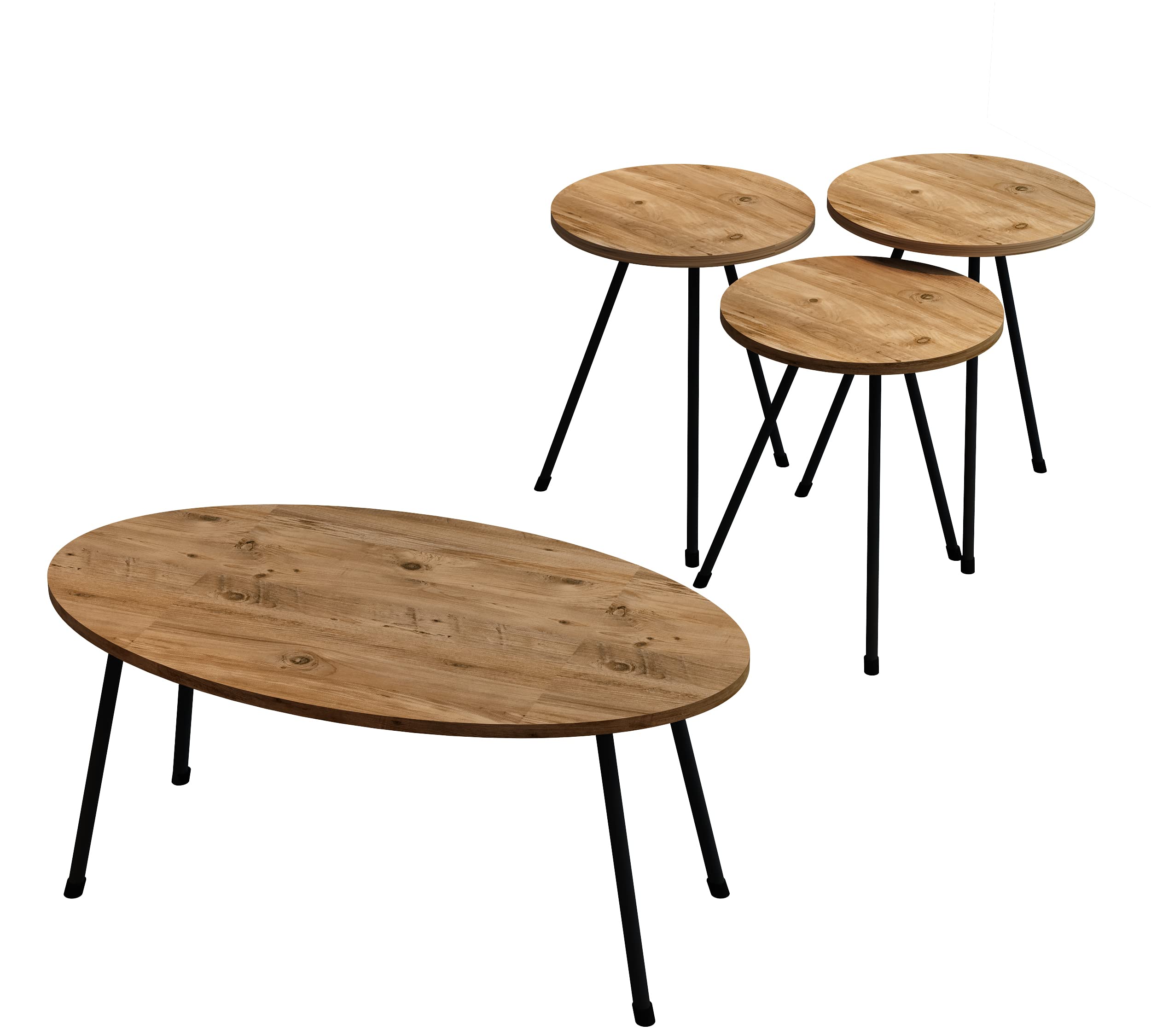 4 Piece Living Room Table Set - 1 Coffee Table & 3 Nesting Tables, Easy No-Tools Assembly, Solid Pinewood, Ellipse Coffee Table with Round Side Tables - Perfect for Small Spaces, Living Room Decor & Coffee Table Organization