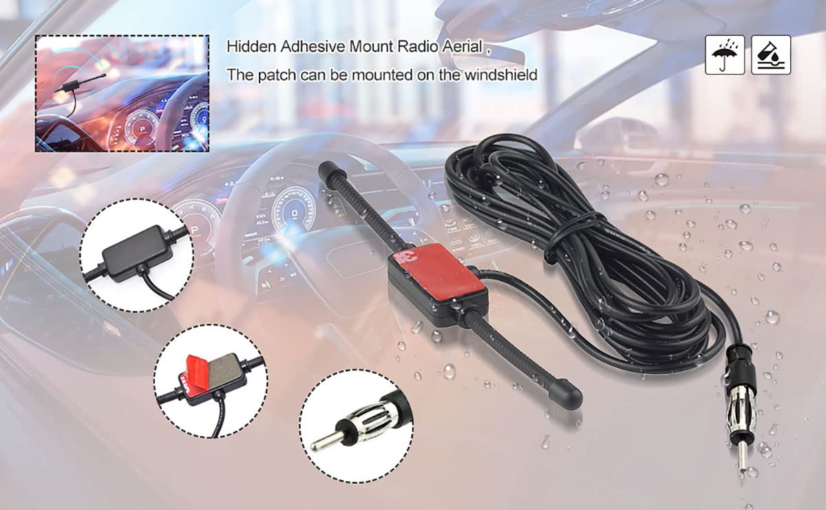 Superbat Universal Car Stereo AM FM Dipole Antenna - Hidden Adhesive Mount Radio Aerial with DIN to ISO Adapter for Vehicle, Truck, SUV - Improve Radio Reception for Road Trips & Daily Commuting