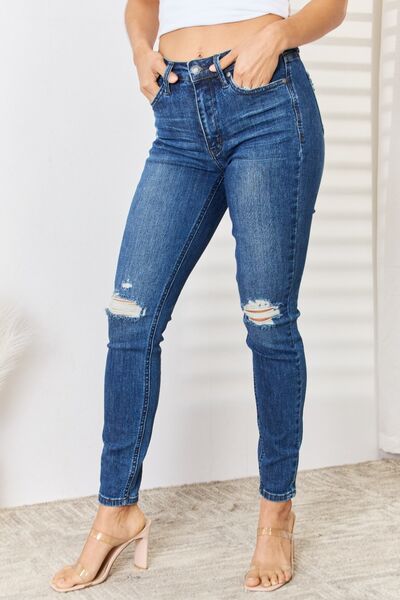 Judy Blue Women's High Waist Distressed Skinny Jeans - Stretch Denim Pants for Casual Wear & Everyday Outfits