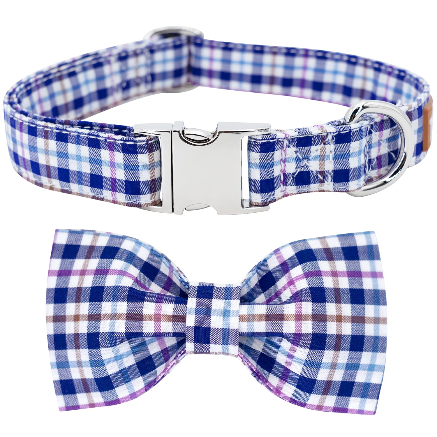 Elegant Plaid Dog Collar with Bow Tie - Soft Comfy Cotton Adjustable Pet Collar for Small Medium Large Dogs & Cats - Premium Metal Buckle for Outdoor Training, Walking & Running (Blue Grid, Small) - Perfect for Daily Walks, Pet Parties & Photo Shoots