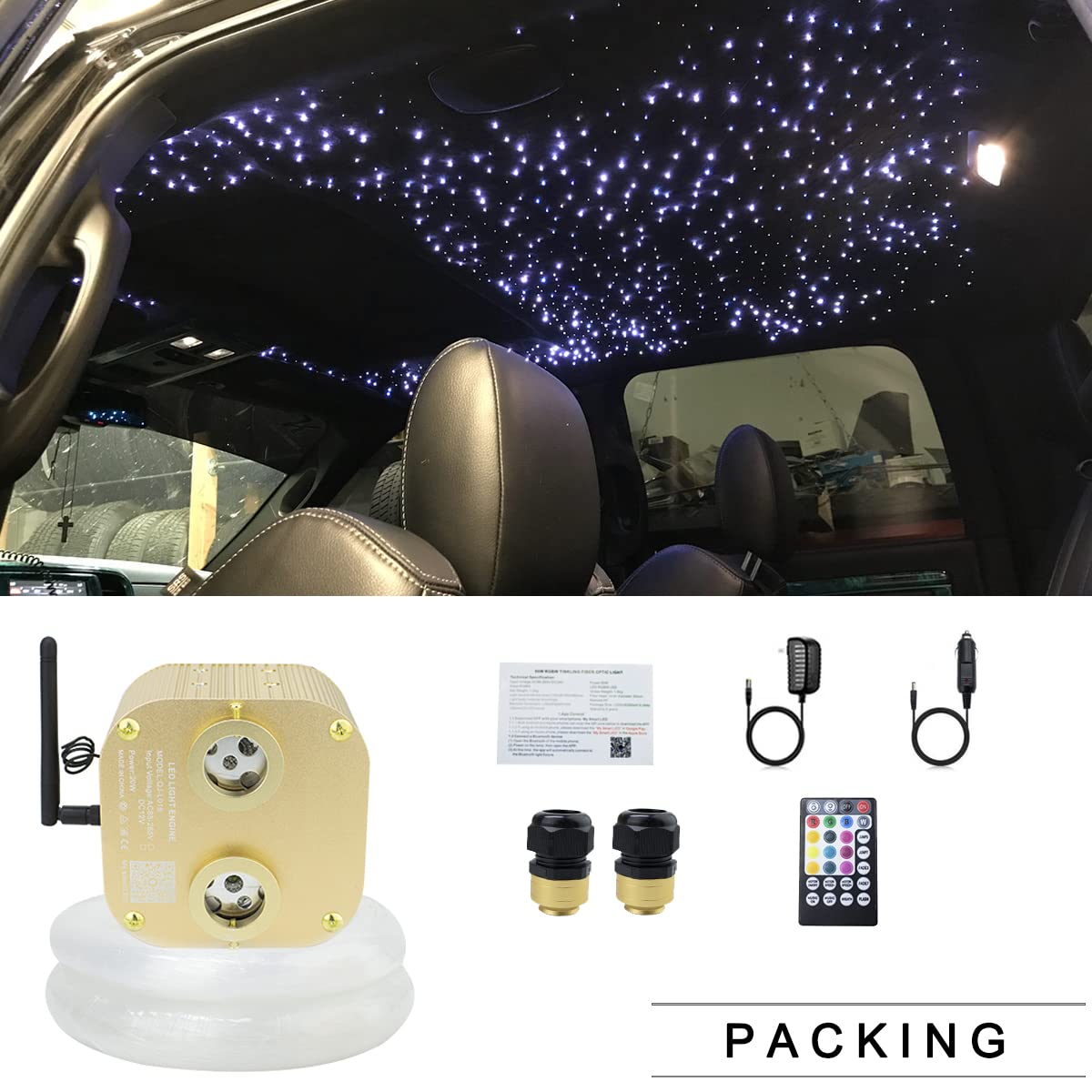 AZIMOM 2022 Upgraded Bluetooth 20W Twinkle Fiber Optic Star Ceiling Light Kit - 860pcs*13.1ft RGBW Fiber Strands with Dual Port, Music Sync & APP Control - Perfect for Home, Bedroom, Car and Party Decorations