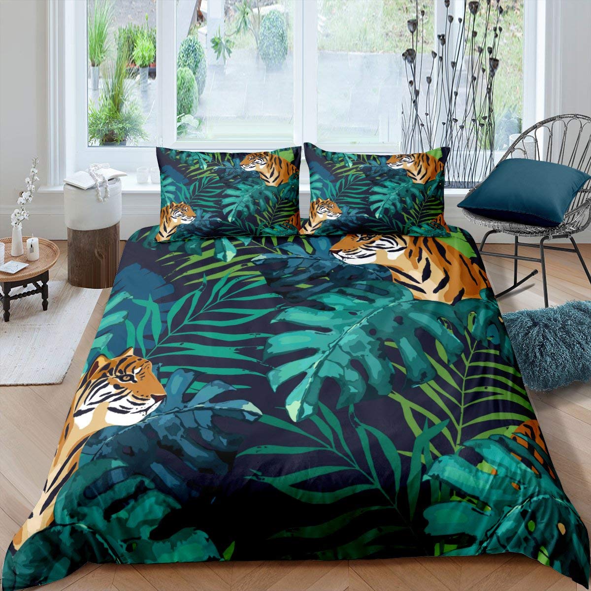 Tropical Palm Leaves Tiger Duvet Cover Set - Oil Painting Animal Print Comforter Cover for Kids & Teens - Grunge Tie Dye Quilt Cover with Pillow Sham - Twin Size Green Brown Bedroom Decor - Perfect for Jungle Themed Rooms & Boho Chic Decor