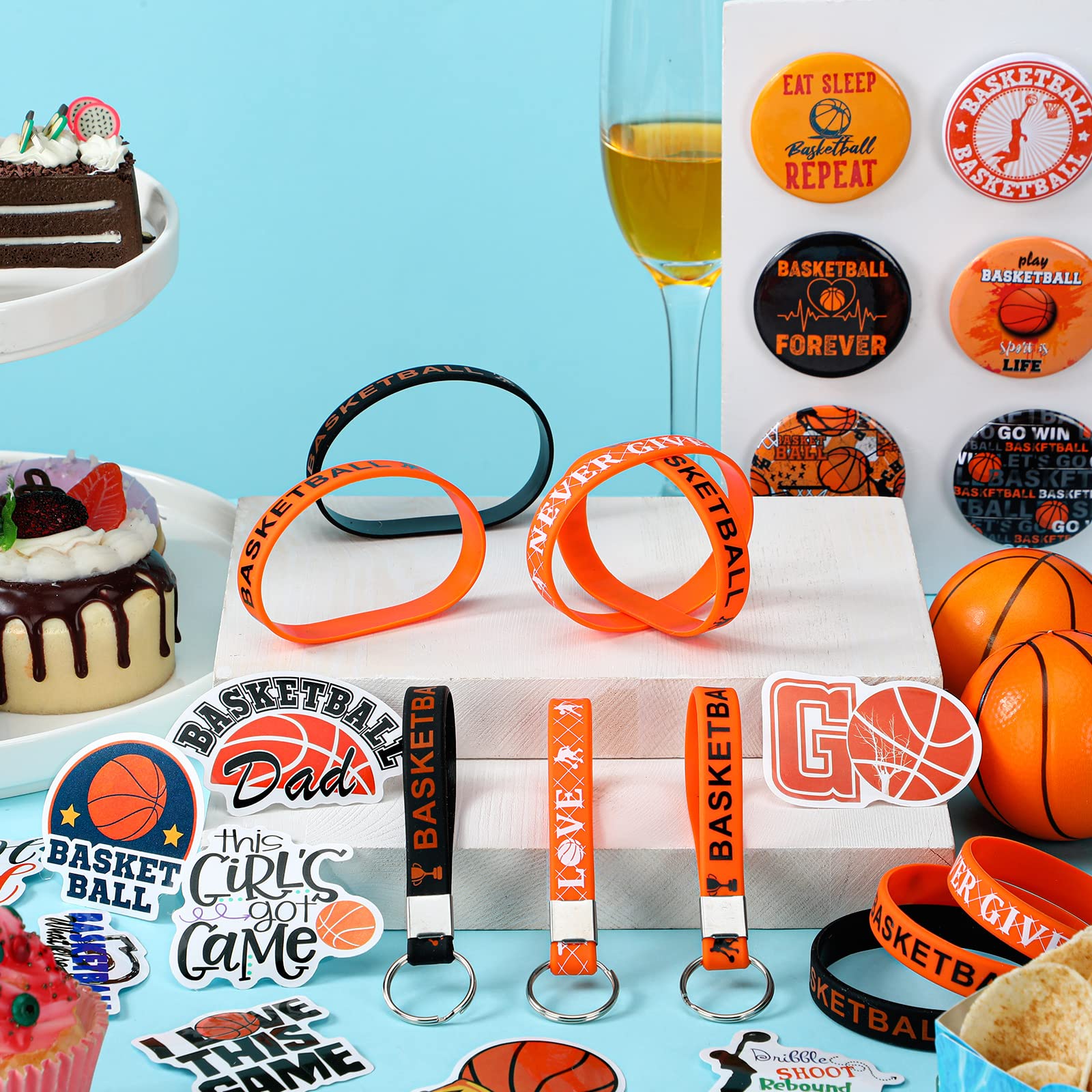 86 Pcs Basketball Party Supplies Set - Bulk Birthday Favors, Decorations, Silicone Bracelets, Keychains, Button Badges & Stickers for Sports Themed Parties, Team Events & Fan Gifts