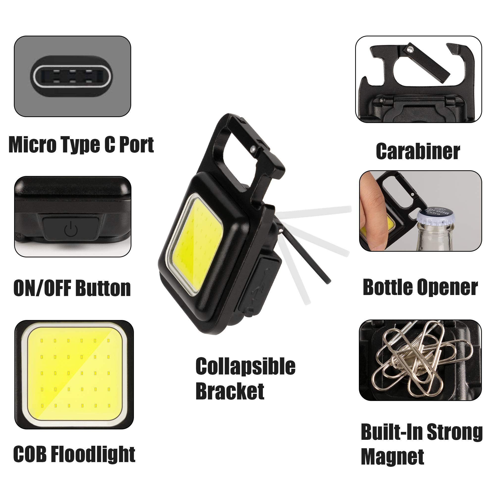 800 Lumens Rechargeable COB Mini Flashlight - Ultra Bright Keychain Light with 3 Modes, Folding Bracket, Bottle Opener & Magnetic Base | Perfect for Camping, Hiking, Fishing, Emergency & Everyday Carry (EDC)