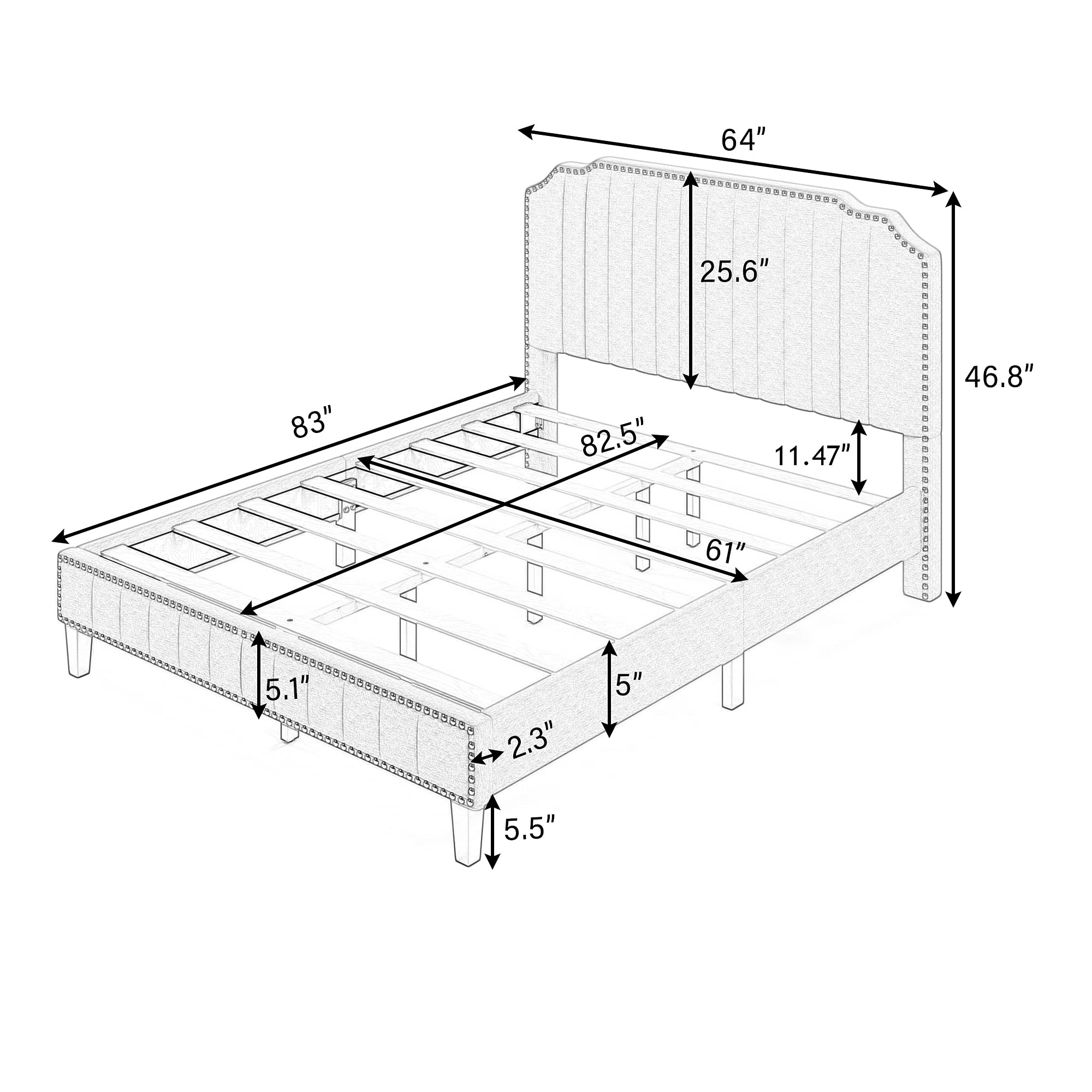 Modern Upholstered Full Size Platform Bed Frame with Solid Wood Structure - Grey Linen Fabric Headboard & Nailhead Trim - Perfect for Master Bedroom, Guest Room & Apartment Sleeping