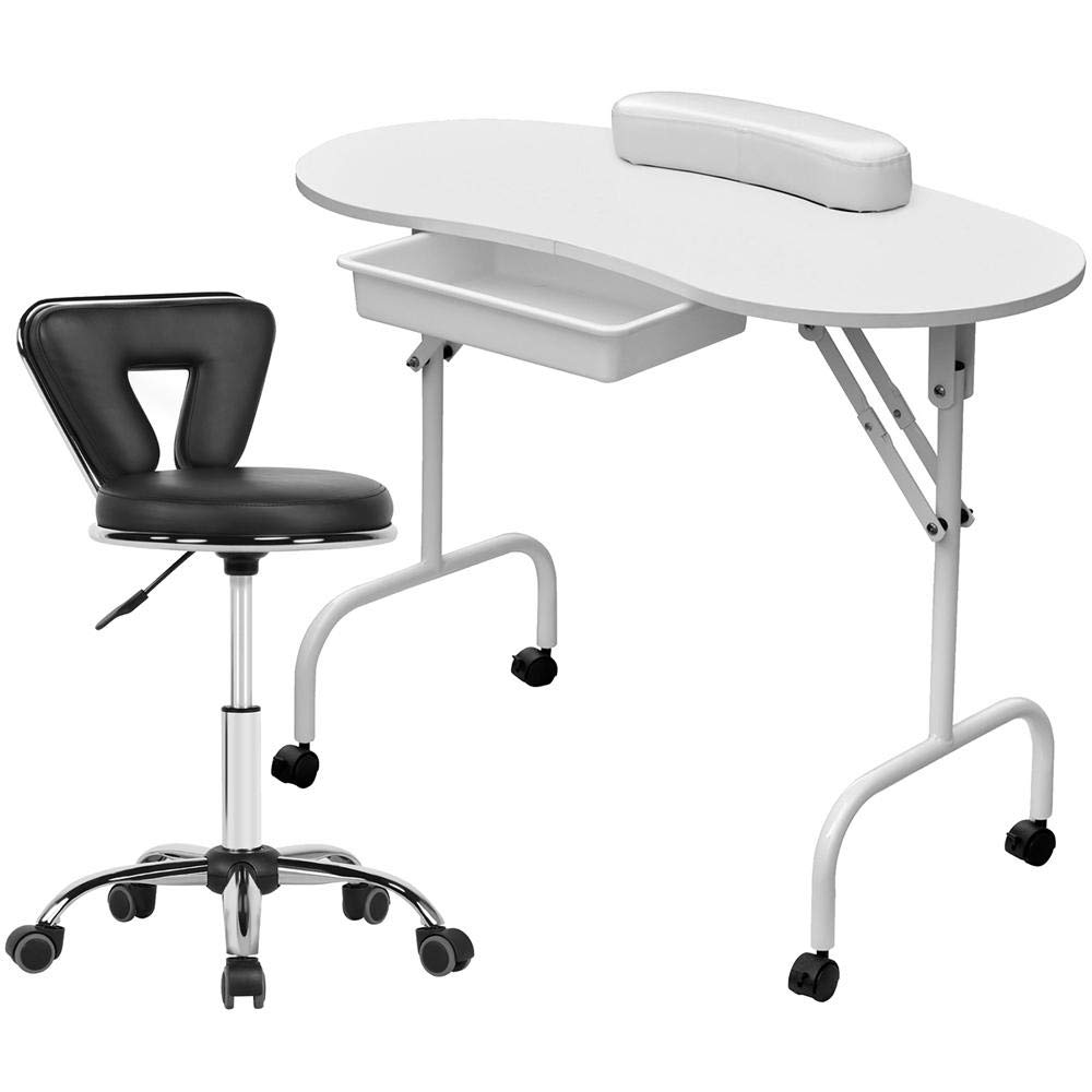 Yaheetech Foldable Manicure Table Nail Desk - Portable Spa Beauty Salon Equipment with Carrying Case & Adjustable Rolling Stool - White | Perfect for Home Nail Salons, Professional Spa Services & Mobile Beauty Businesses