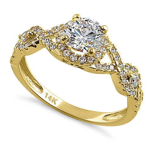 14K Yellow Gold Regal Twist Halo Round Cubic Zirconia Engagement Ring for Women - Perfect for Proposals, Anniversaries & Special Occasions
