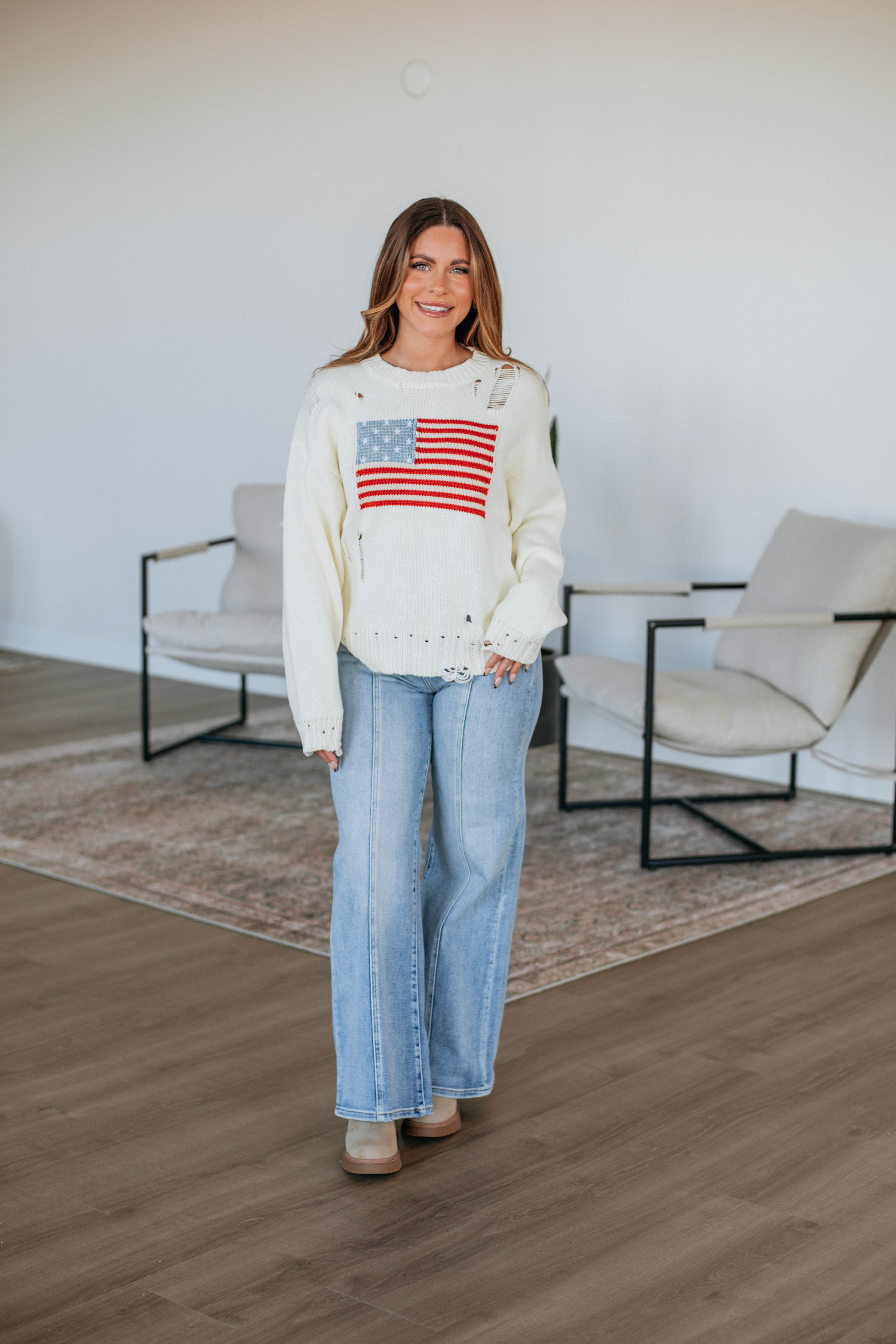 American Dreamin' Sweater - Soft Cream Knit Pullover for Women | Cozy Casual Wear for Fall & Winter | Perfect for Office, Dates & Weekend Outings