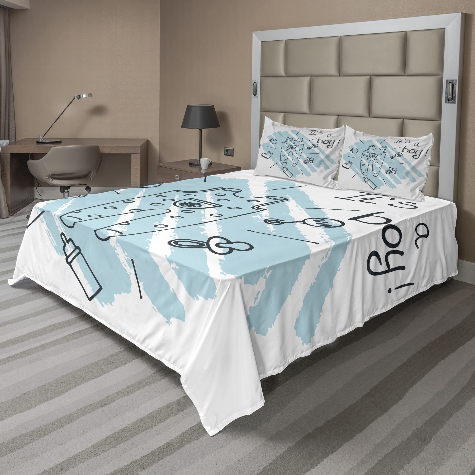 Ambesonne Turquoise King Sheet Set - 4 Piece Bedding with Sketchy Design Ornaments & Brushstroke Effect, Includes Fitted Sheet, Flat Sheet & Pillowcases | Perfect for Modern Bedrooms, Guest Rooms & Vacation Homes