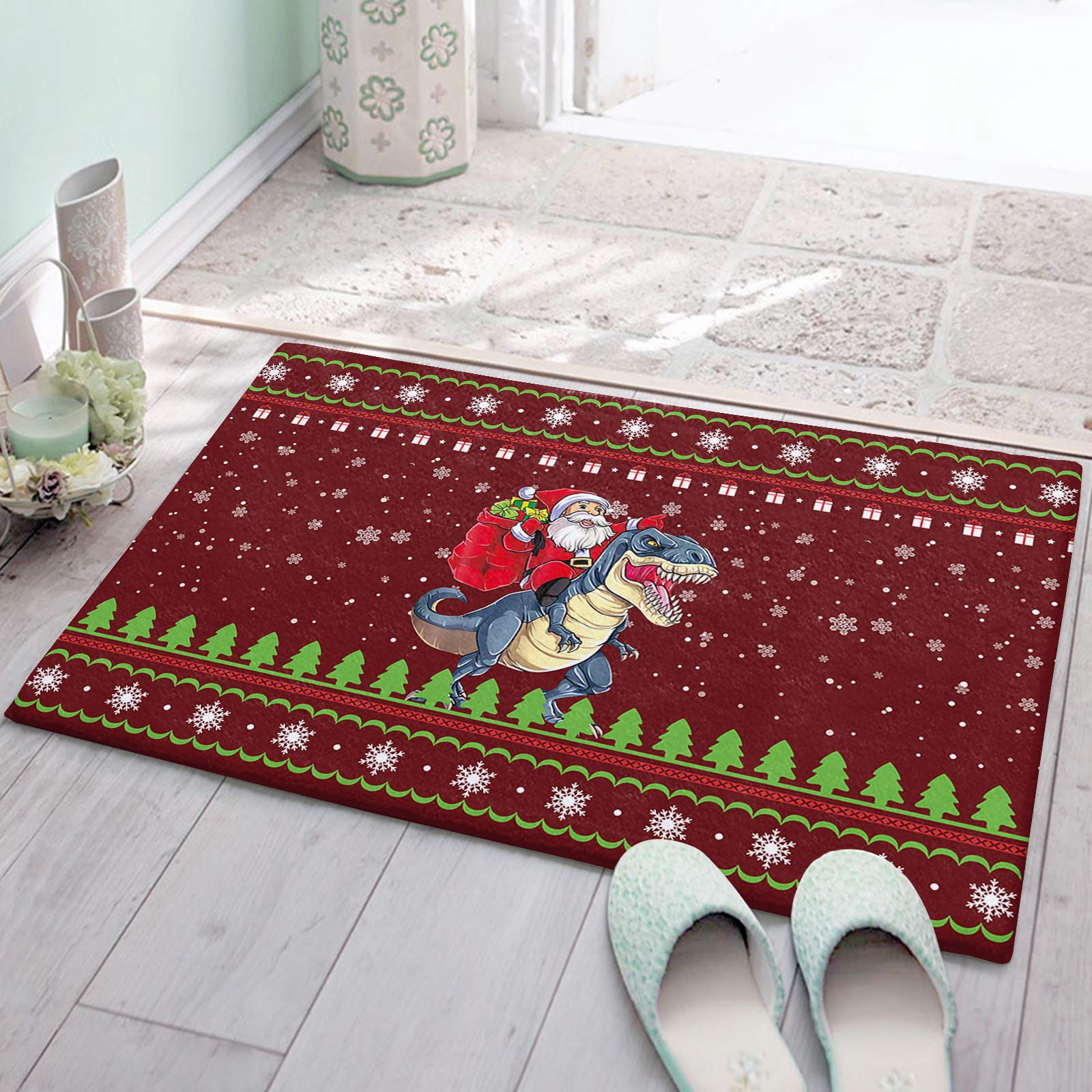 **Fluffy Shag Plush Bath Rugs - Absorbent Non-Slip Microfiber Doormat for Christmas, Kitchen, Bathroom & Entryway - Dinosaur, Santa, Snowflake & Tree Designs (Green/Red) - Washable & Durable for Home Decor & Gifts**    *(Perfect for holiday decor, cozy bathroom comfort, kitchen safety, and welcoming entryway style!)*