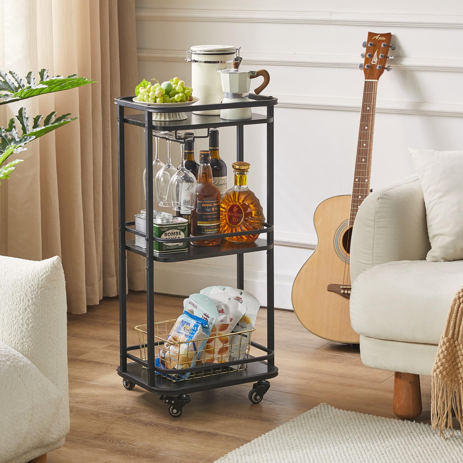 IBUYKE 3-Tier Rolling Bar Cart with Wheels - 11.79x15.72x33.01 Inches Mobile Kitchen Storage Cart - Perfect for Home Bar, Outdoor Patio, Bedroom & Small Space Organization - TMJ319B