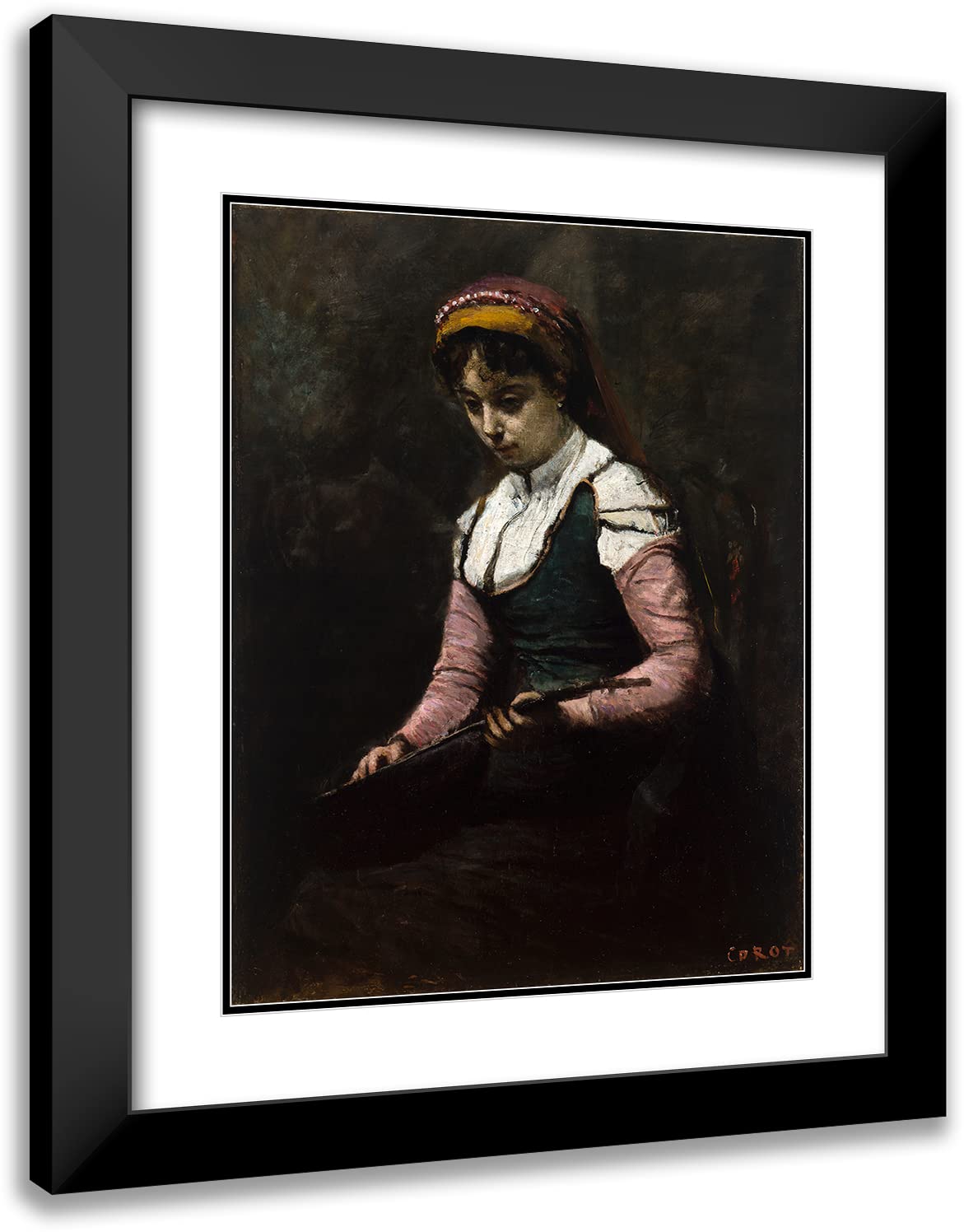 Jean-Baptiste-Camille Corot 'Girl with Mandolin' (1860-65) 20x24 Inch Museum Art Print with Black Modern Frame & Double Matting - Perfect for Living Room, Bedroom, or Office Wall Decor