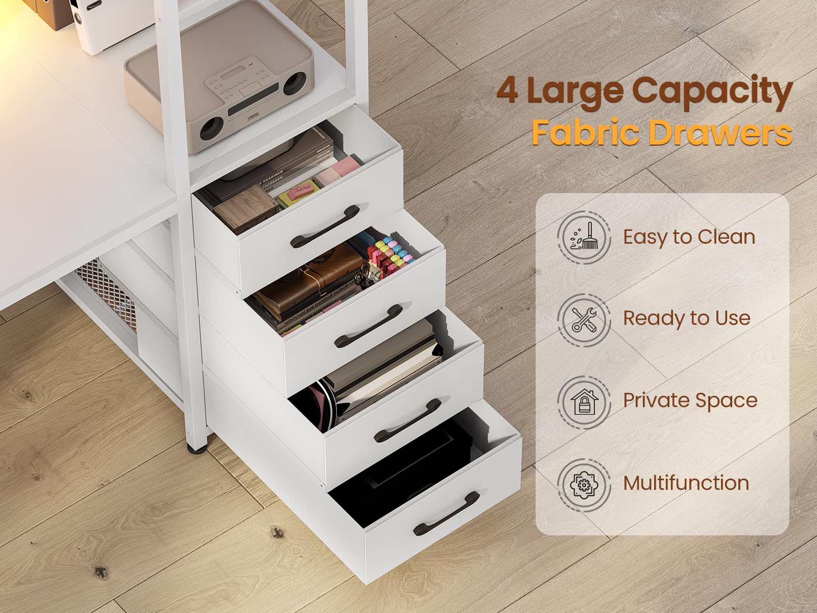 SEDETA 59 Inch LED Gaming Desk with 4 Drawers & Shelves, Home Office Computer Desk with Power Outlets & Large Storage Space, White - Perfect for Work from Home, Online Gaming & Study Setup