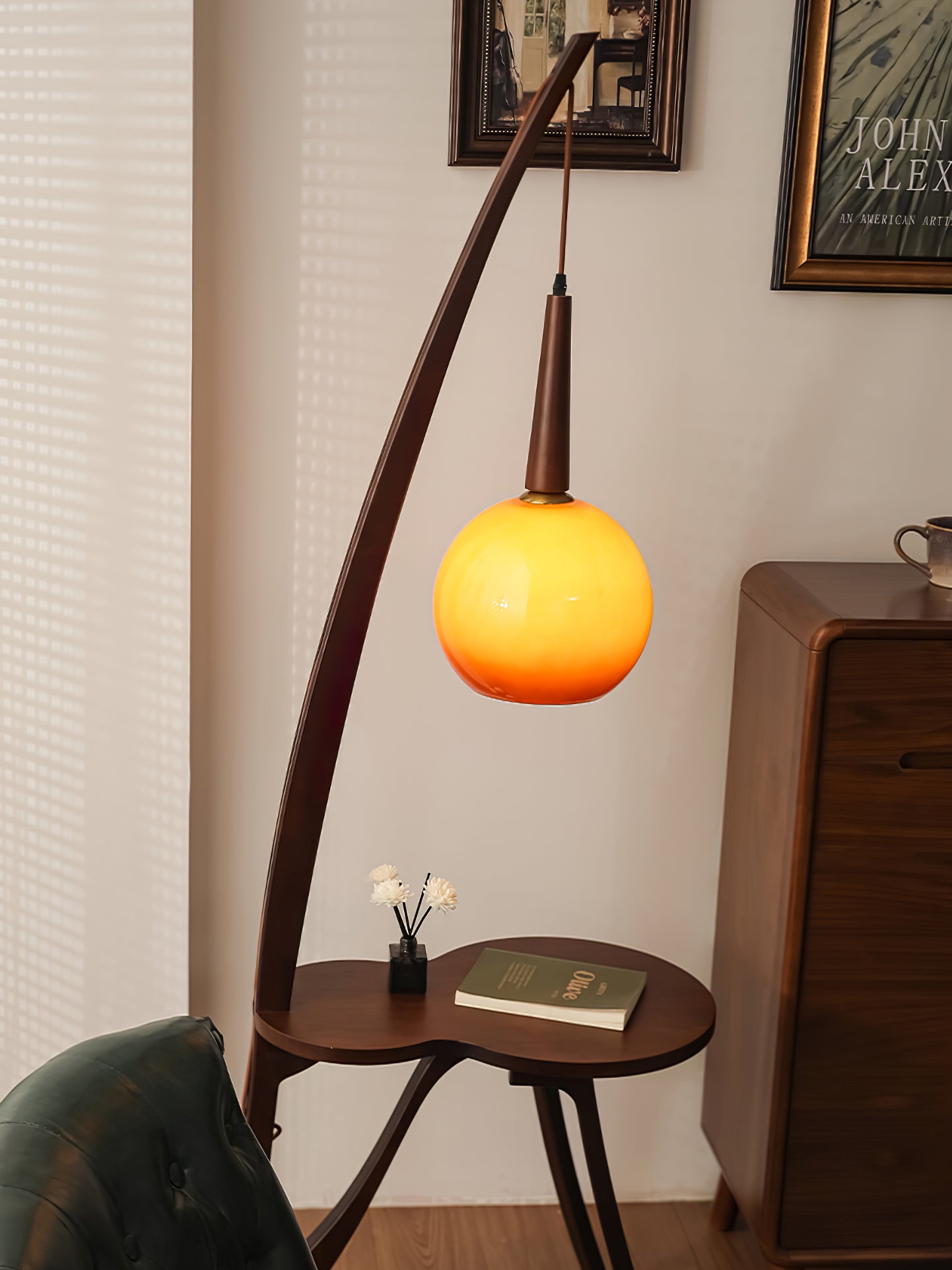 Arc Wood Hanging Floor Lamp - Modern Scandinavian Style Adjustable Standing Light for Living Room, Bedroom, or Office - Perfect Ambient Lighting for Reading, Relaxing, and Decor