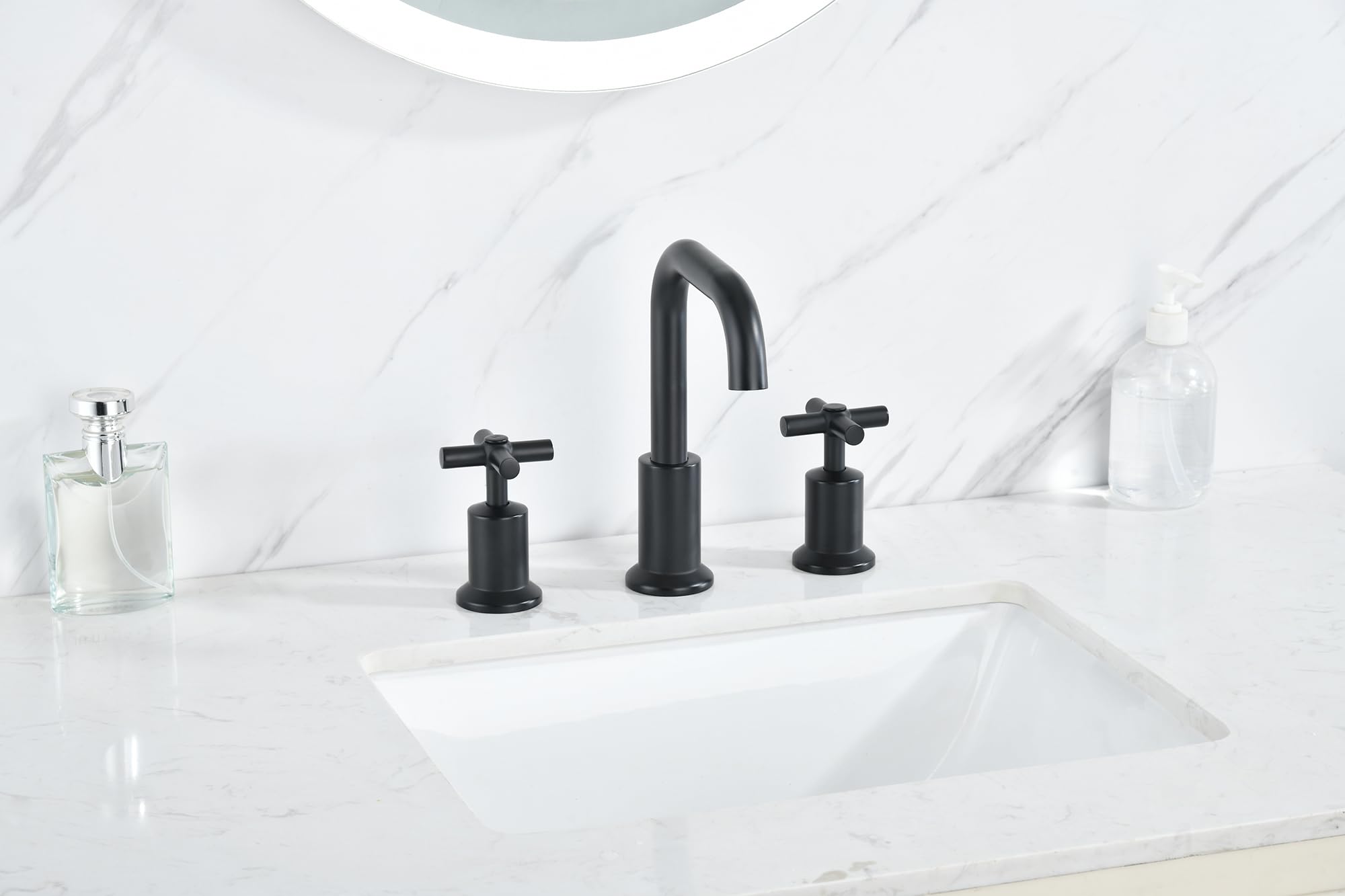 8 Inch Matte Black Two-Handle Widespread Bathroom Sink Faucet with Push-Up Pop-Up Drain - DF-1309CCH-MT | Perfect for Modern Bathroom Vanities & Powder Rooms