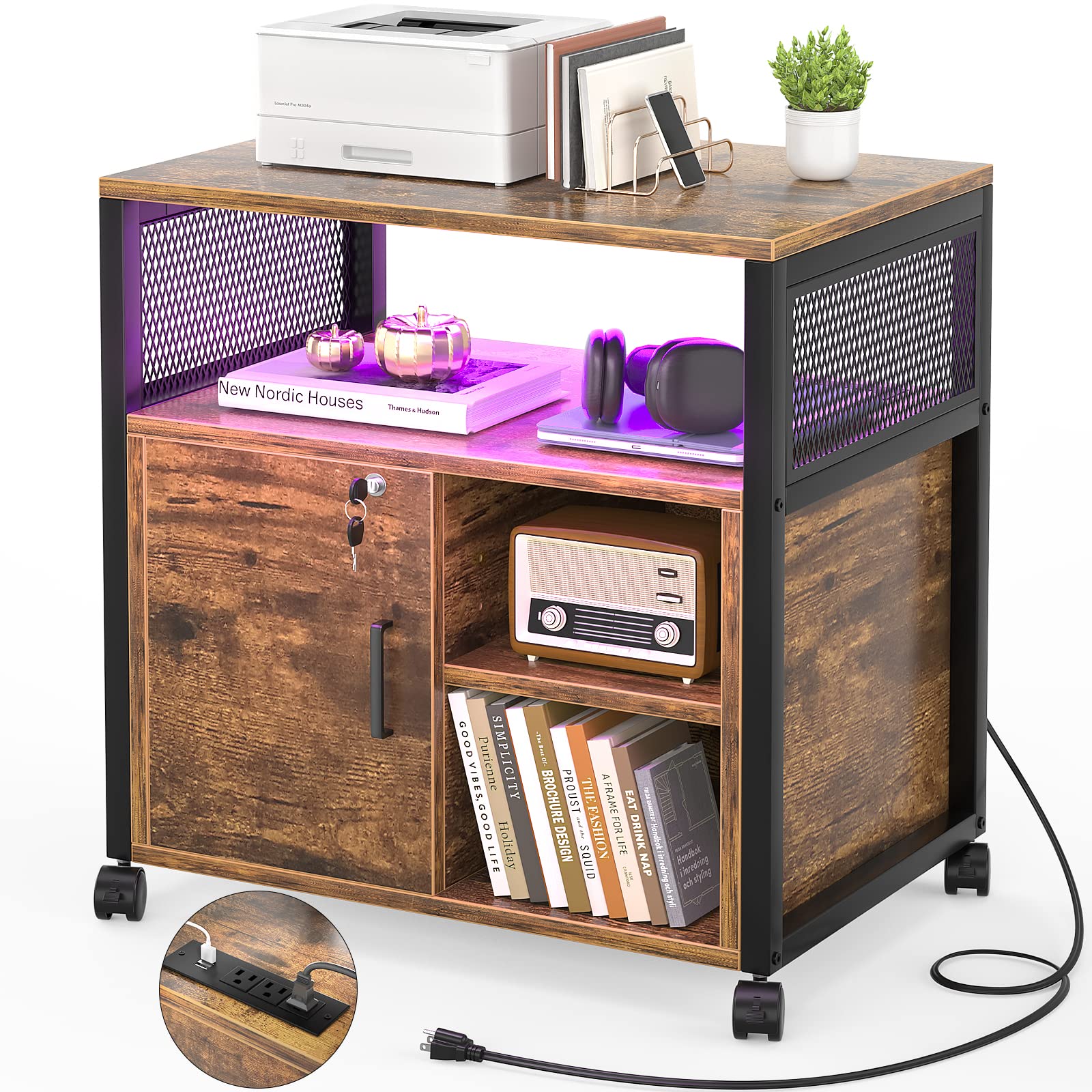 Unikito LED File Cabinet with Power Outlets & USB Charging Ports - Rolling Printer Stand with Storage, Lateral Office Filing Cabinet for Letter/A4/Legal Size Folders (Rustic Brown) - Perfect for Home Office, Workspace Organization & Document Storage