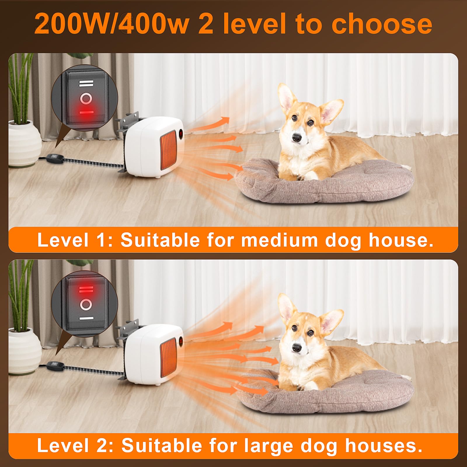 200W/400W Dog House Heater with Thermostat - Safe Outdoor Pet Heater for Dogs, Chicken Coops & Rabbit Hutches - 6FT Chew-Proof Cord (White) - Keep Pets Warm in Winter Kennels, Garages & Barns