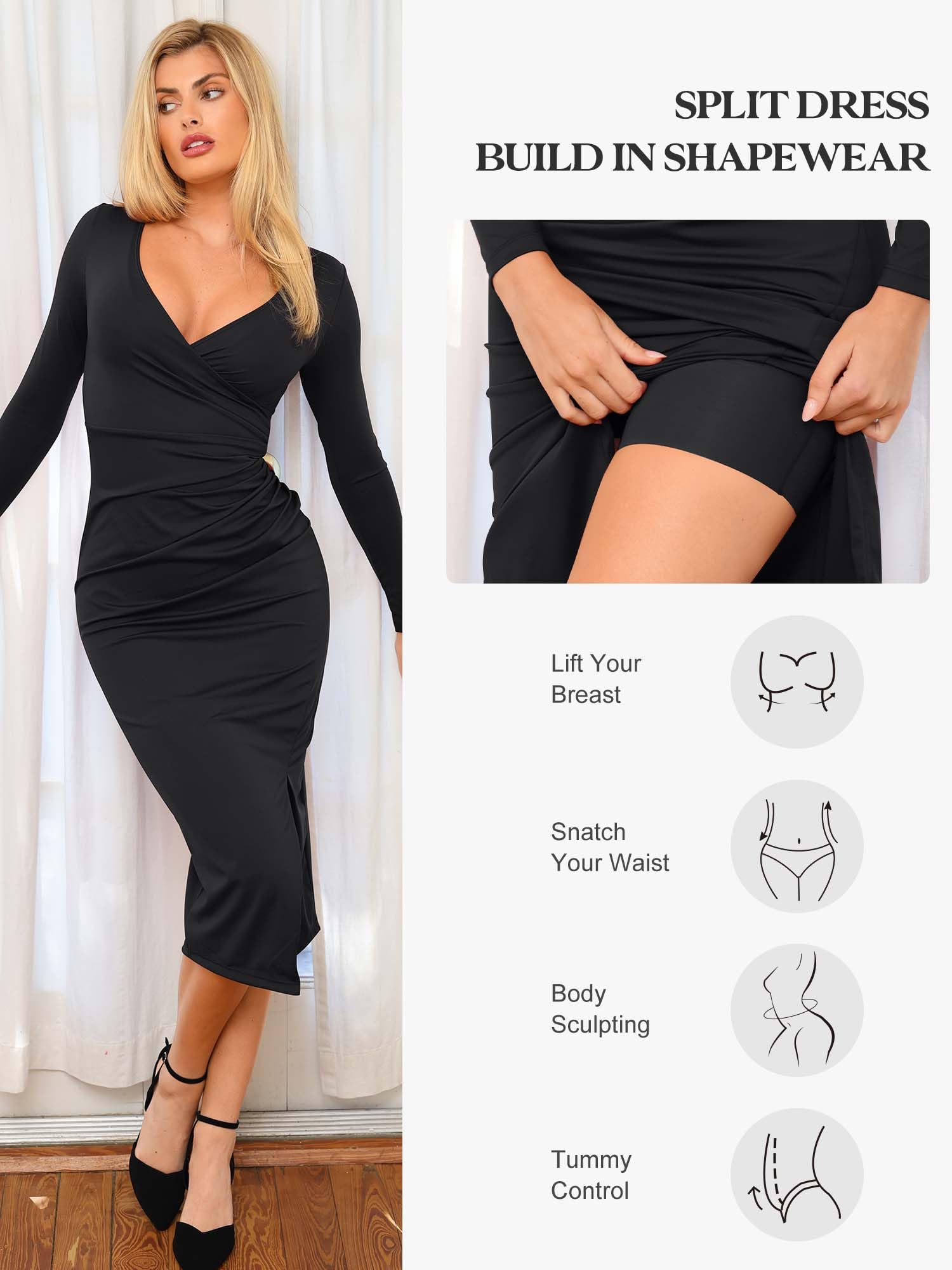 Popilush Shapewear Dress - V-Neck Formal Wedding Midi Dress with Built-in Shapewear for Women | Long Sleeve Bodycon Dress for Evening Parties, Date Nights & Special Occasions