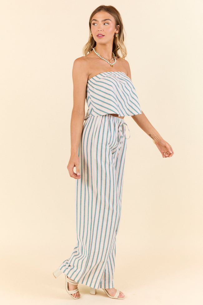 Women's Summer Stripes Strapless Crop Top and High Waist Pants Set - Casual Outfit for Beach Vacation, Pool Party & Date Night