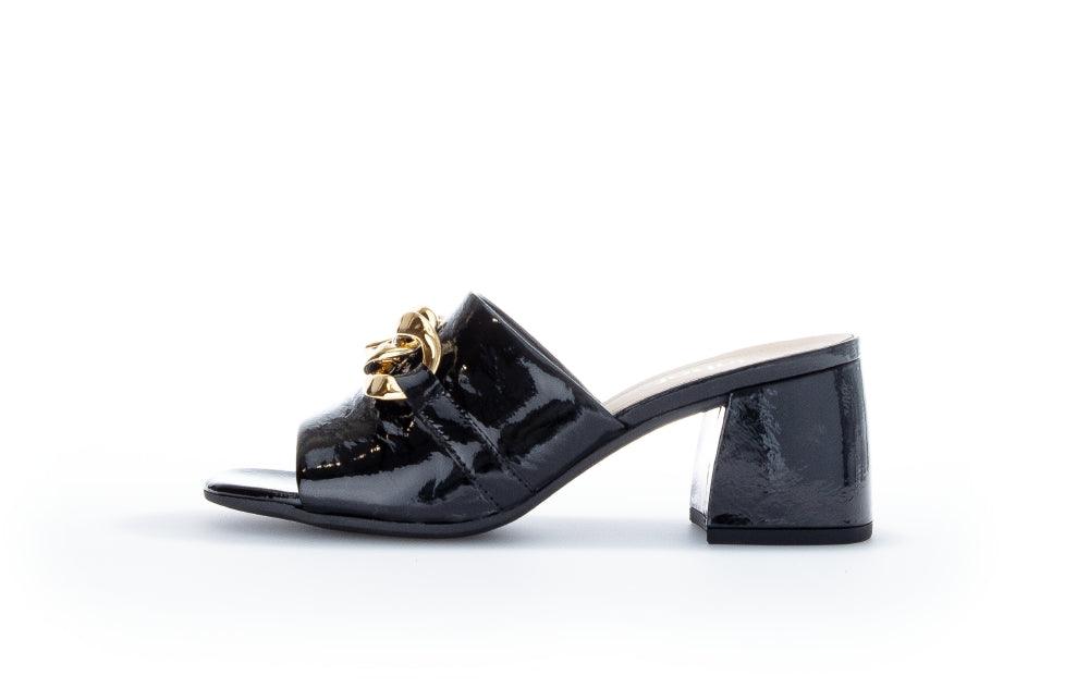 GABOR Women's Black Patent Leather Slider Mules with Block Heel & Buckle Detail - Comfortable Dress Shoes for Work, Office & Casual Outings