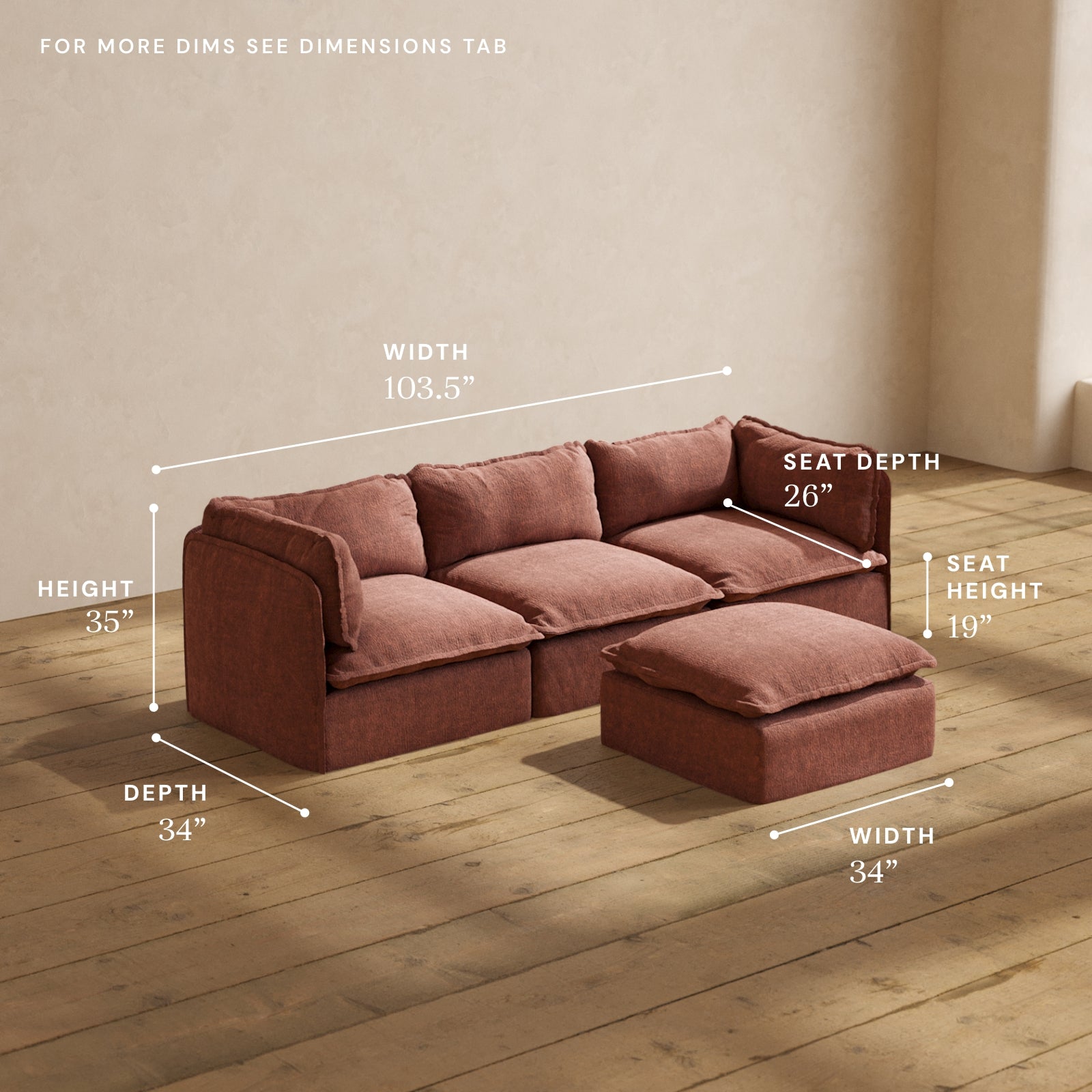 Premium Modular 3-Seater Sofa with Ottoman in Rich Chestnut Brown - Luxe Fabric Blend for Living Room, Lounge & Home Theater Comfort