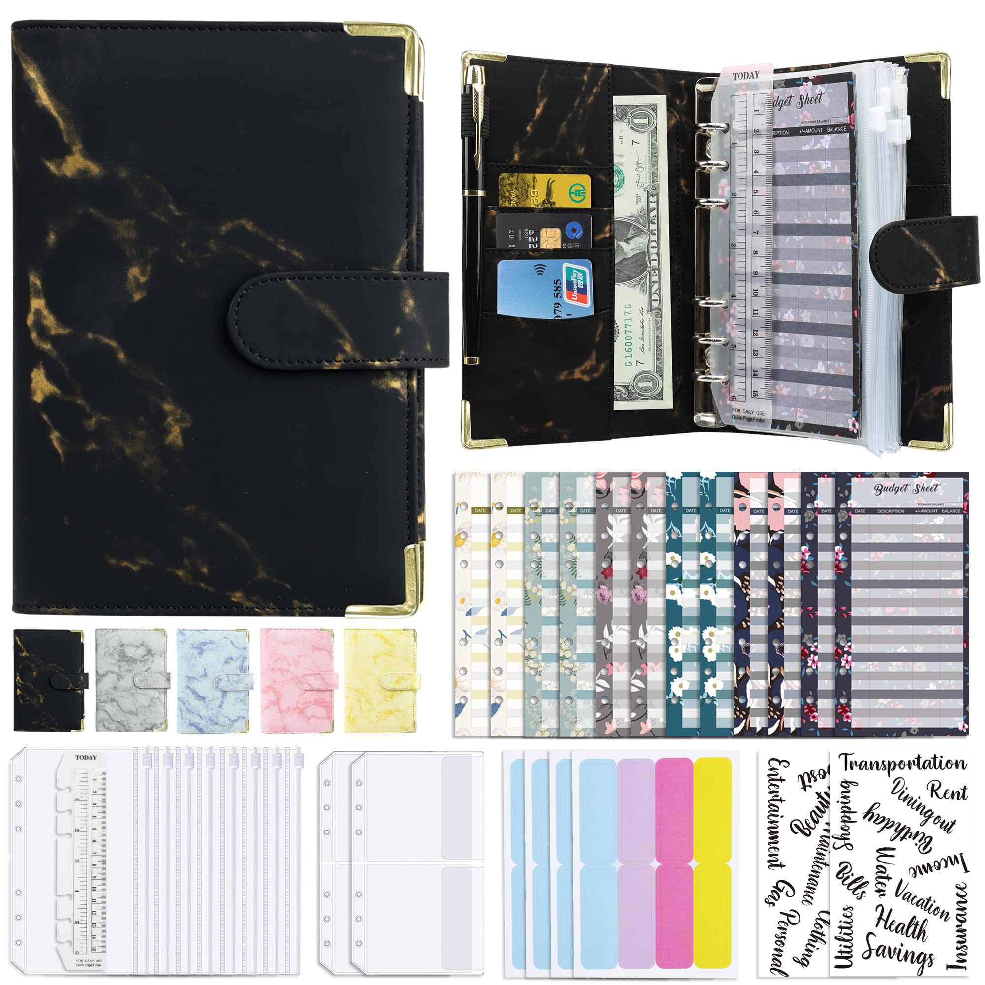 A6 Money Saving Budget Binder with 12 Cash Envelopes & Zipper Pockets - Personal Finance Organizer for Cash Budgeting System - Perfect for Home Budgeting, Expense Tracking & Financial Planning (Black)